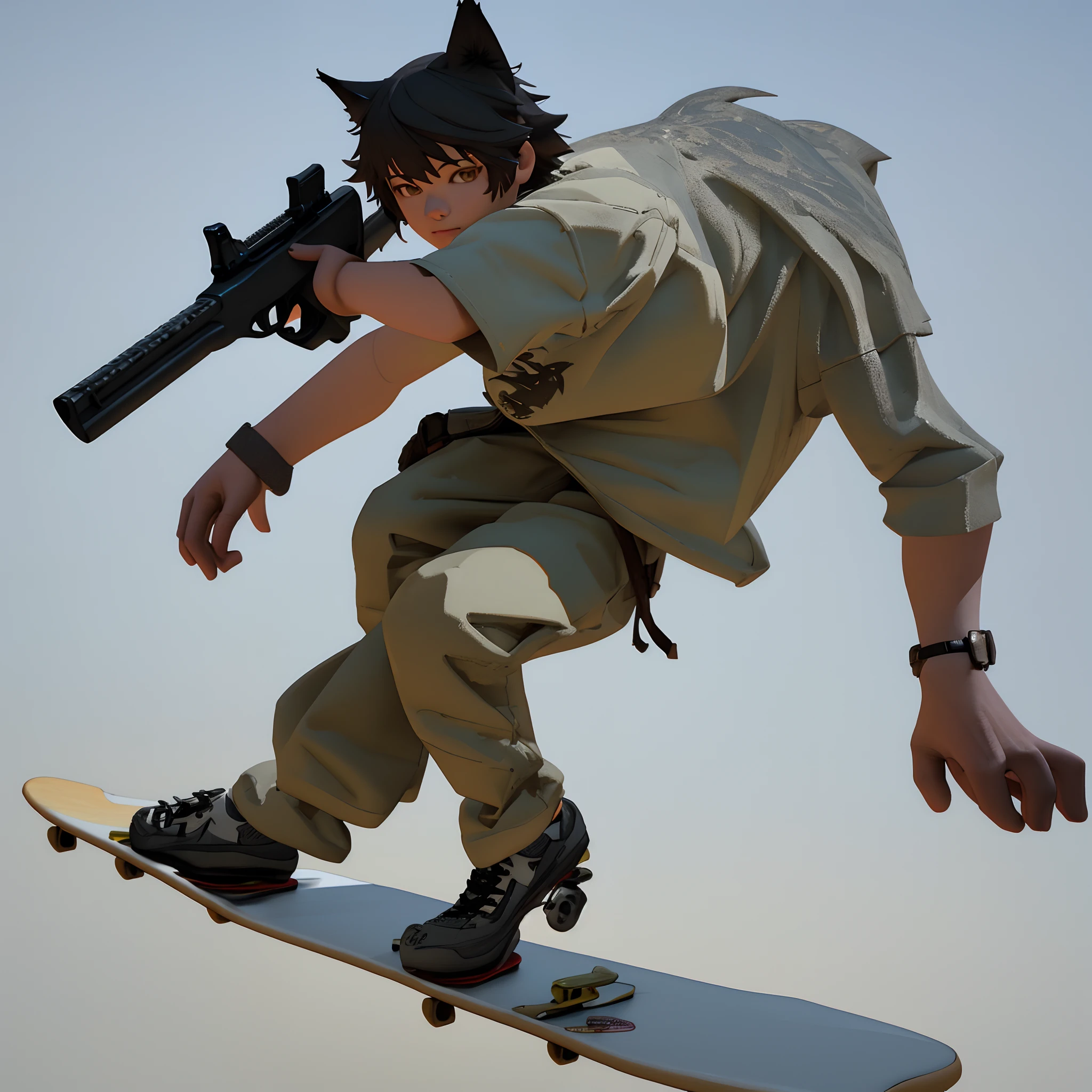 Full body like、simple background、Wolf boy、Gaki General、confident look、Got on a skateboard、With a gun、3D、masterpiece、Detailed details