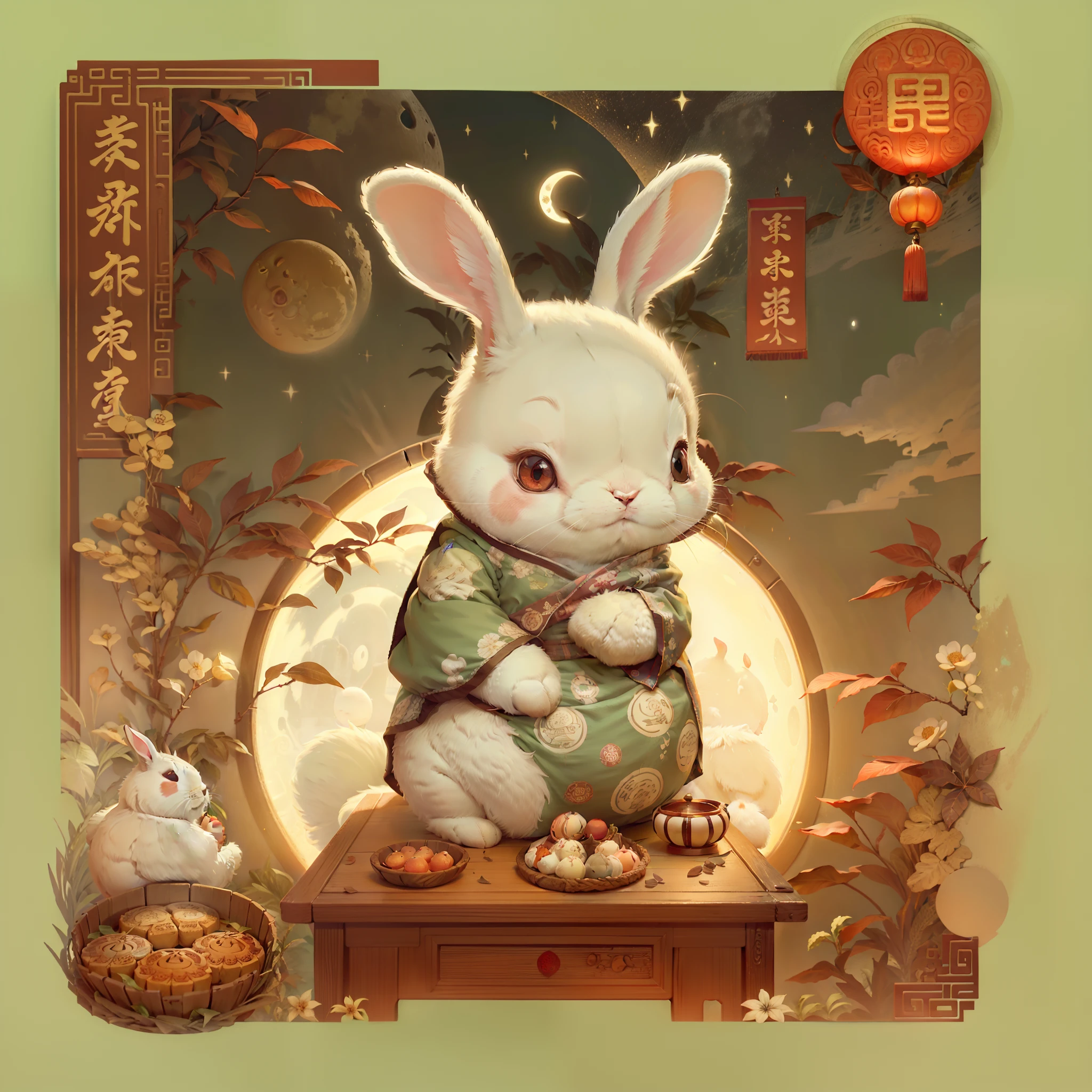 A cute rabbit sticker, red eyes, a full moon, mooncake，a Chinese Classic Room. It's night but it's bright