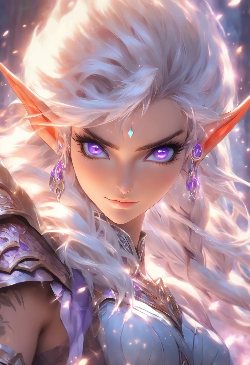 The most beautiful and sexy elf warrior princess, white hair, purple eyes, wearing incredibly detailed battle armor, tons of tattoos and piercings, in the most beautiful enchanted kingdom, highly detailed background, perfect masterpiece, high quality, high resolution