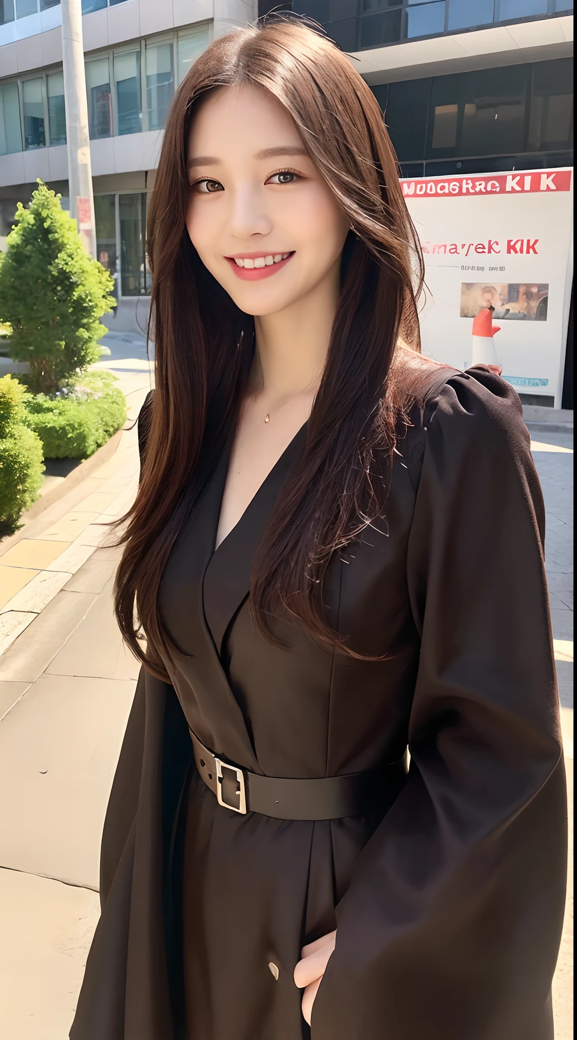 ((Best quality, 8k, Masterpiece :1.3)), 1girl, smiling, full body, slim face, Pretty woman, (Dark brown hair), full length dress :1.1, Ultra-detailed face, Detailed eyes, Double eyelid, blur background, slim face, city, outside, street,