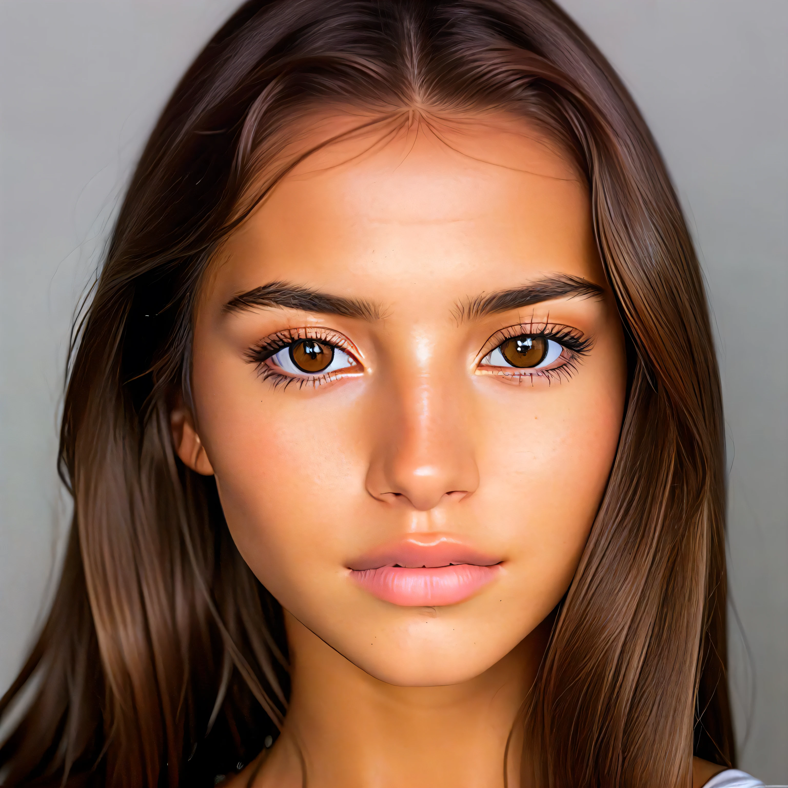 Portrait photo of a ((unbelievably stunning)) sks woman with (shiny brown hair),epic (photo, studio lighting, hard light, sony a7, 50 mm, matte skin,pores, colors, hyperdetailed, hyperrealistic), ethereal, perfect face,( symmetrical:0.4),(highly detailed lips), young, 19 years old