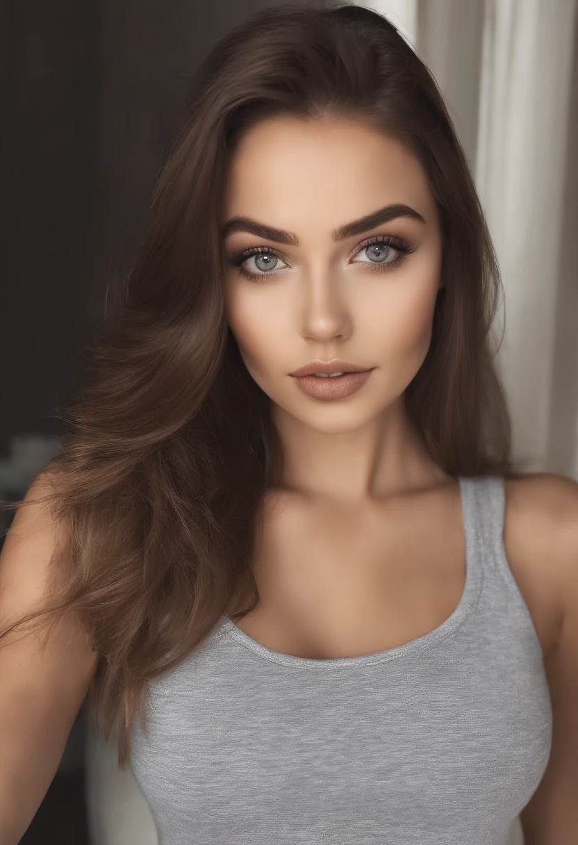 Arafed woman with tank top, fille Sexy aux yeux verts, Portrait Sophie Mudd, cheveux bruns et grands yeux, selfie of a young woman, Yeux de chambre, Violet Myers, sans maquillage, maquillage naturel, looking straight at camera, Visage avec Artgram, Maquillage subtil, Superbe photo du corps entier, dans la chambre, clivage, tits, ass, Sexey, Sexe, levrette, position Sexee,