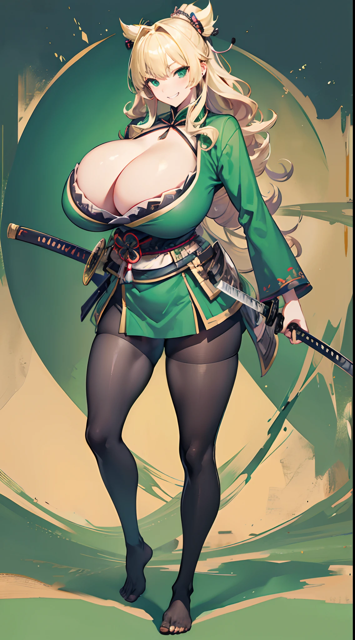 No shoes,Green pantyhose,(gigantic cleavage breasts:1.5) solo person, Solo,Professional toes,japanese samurai armor,Blonde curls,Full body like,katana swords,grin face