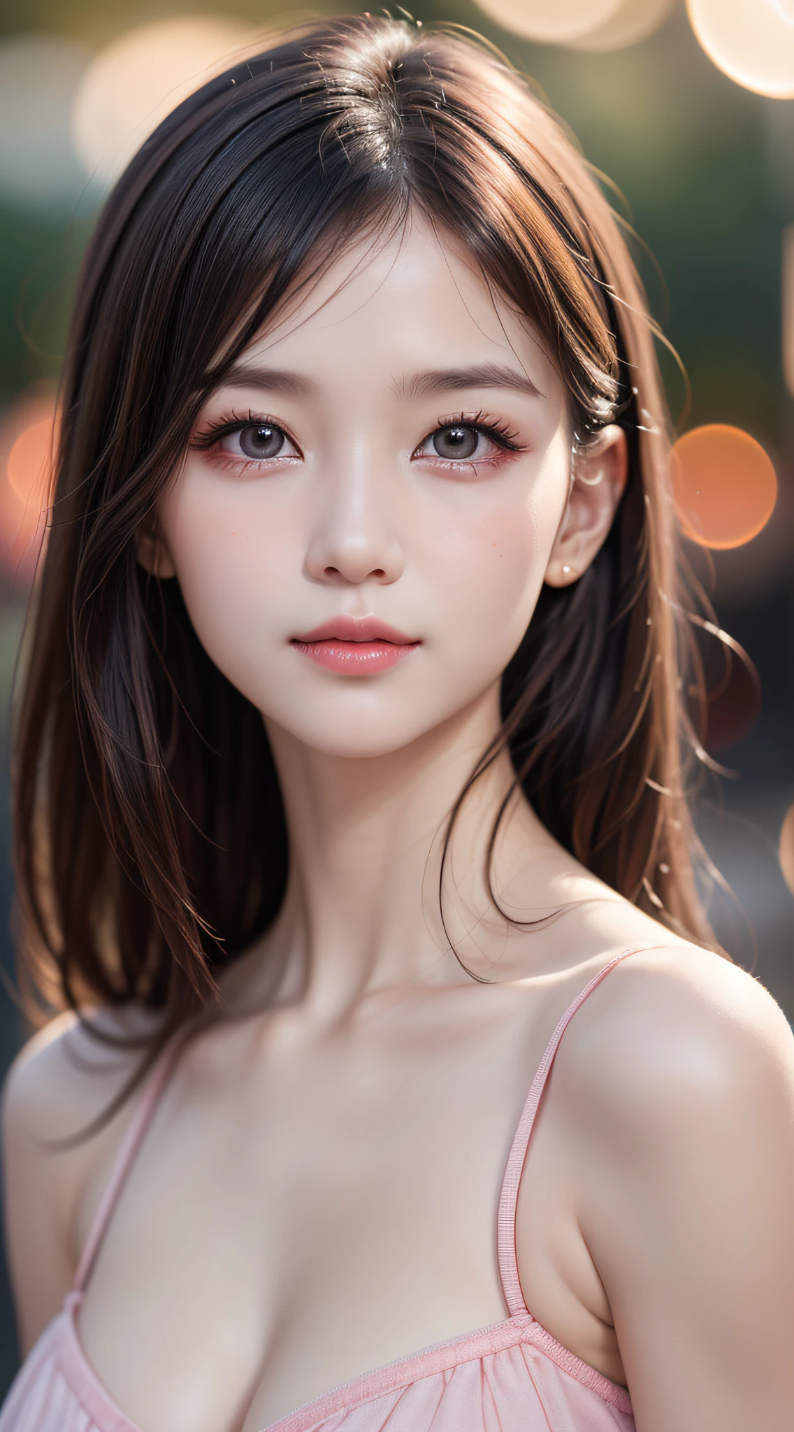 (1young girl), extremely cute, ((extremely detailed beautiful face)), Amazing face and eyes, shining eyes, Pink eyes, (Glossy lips)), fair and transparent skin, bare shoulders, (Best Quality:1.4), (Ultra-detailed), Professional Photography, Realistic portrait, (((Bokeh))), depth of fields,
