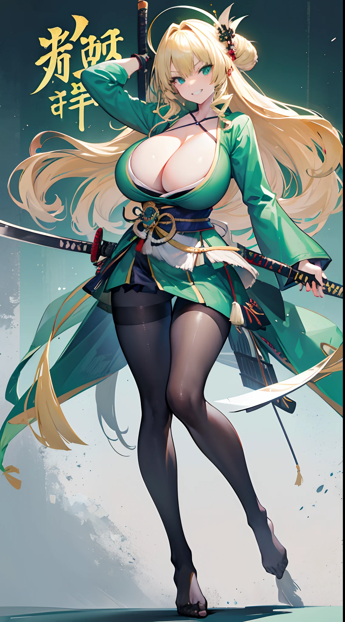 No shoes,Green pantyhose,(gigantic cleavage breasts:1.5) solo person, Solo,Professional toes,japanese samurai armor,Blonde curls,Full body like,katana swords,grin face