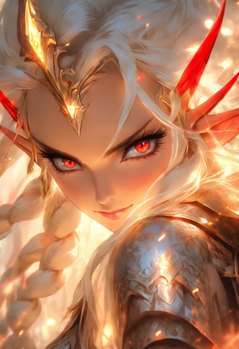 The most beautiful and sexy elf warrior princess, white hair, red eyes, wearing incredibly detailed battle armor, tons of tattoos and piercings, in the most beautiful enchanted kingdom, highly detailed background, perfect masterpiece, high quality, high resolution