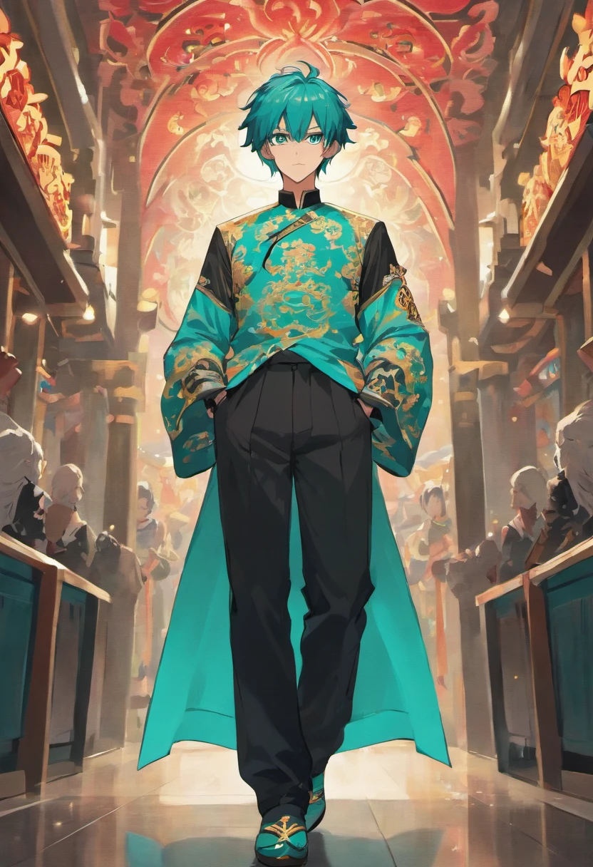 Cool Chinese male modern outfit design with black long pant with Chinese ornaments.Used by tall men with Aqua colored hair.The shirt has a beautiful abstract design and looks classic but modern at the same time