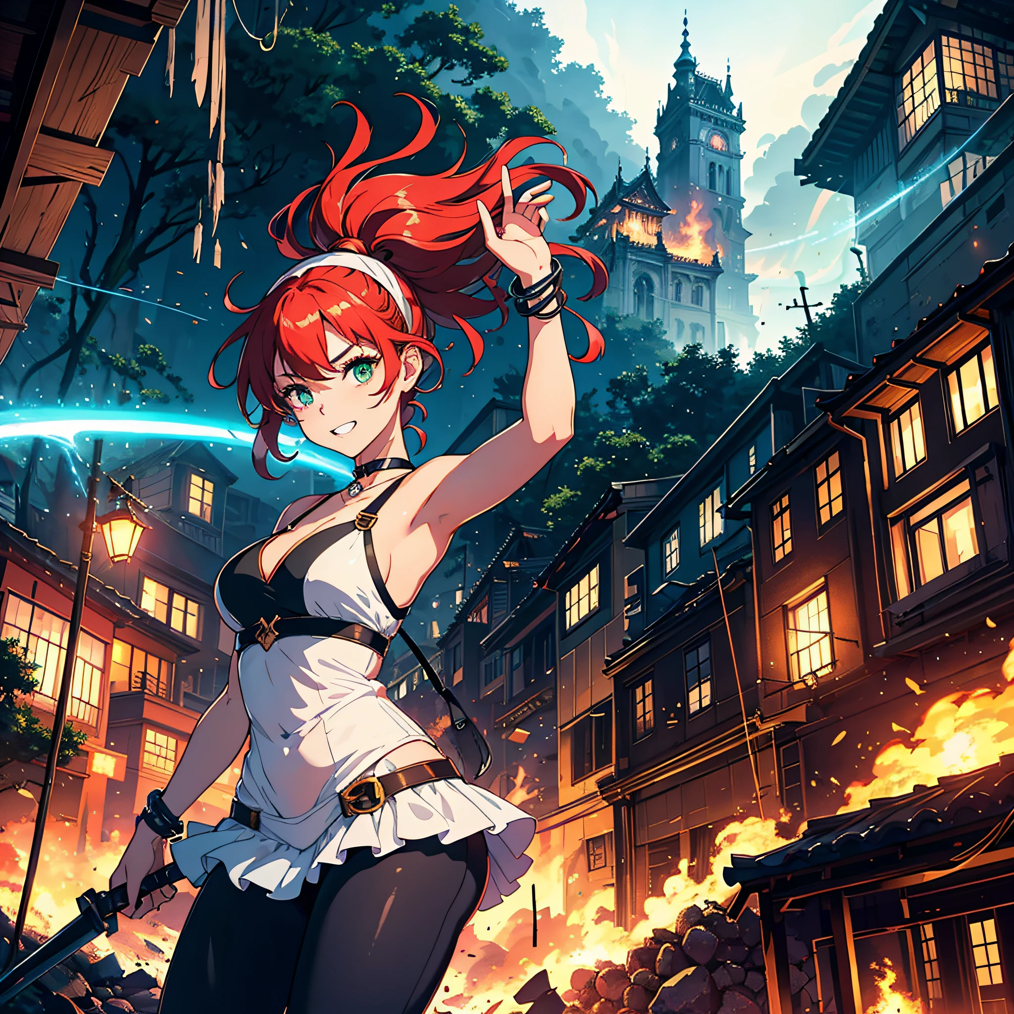 (top-quality、hight resolution、8k、masterpiece:1.2)。Curvaceous but slender、Muchimuchi Body、Grinning Female Wizard、Vandalizing buildings in a battered ancient city。Featuring double teeth, she wields magical powers.。With magic emitted from the right hand、Buildings and roads、Bolides、Next Bridge々and have collapsed、Scattered with burning debris。Rubble and pebbles float up、A yellow aura covers her entire body。Although its power is overwhelming、At the same time it is in harmony with beauty。Draw the moment she is destroying the building with magic。Half-taken off hoodie、accessorized、mole、Eyebrows、double tooth、canine teeth、poneyTail、Muscular nose、Clear detailed green eyes、Red-haired、red blush、short-haired、a choker、Fleshy lips、Physical beauty、well-muscled、Raise bangs in a headband、Oforehead、Mysterious fashion、Street Fashion、Anime style、animesque、The scene of the great fire、Oversized trousers、unreal、Depiction in motion、White the、Fashion in white tones、Vandalism、insurrection、karo、Decaying buildings、the fire、Fire incident、tornado、Must-win poses、Backgrounds with depth、Equipped with a Japan sword on the back、Equipped with Japan swords at the side waist、Flame Magic、Wizard Equipment、Light equipment、a necklace、Bracelets、Misanga、arm band、Tattoo on the shoulder、espadrilles、thunder、Roaring thunder、lightning bolt、tornado、colorful backdrop、Thunder in the hand、Light and Wall Co-star、Little green-eyed black cat supporting magic attack overhead