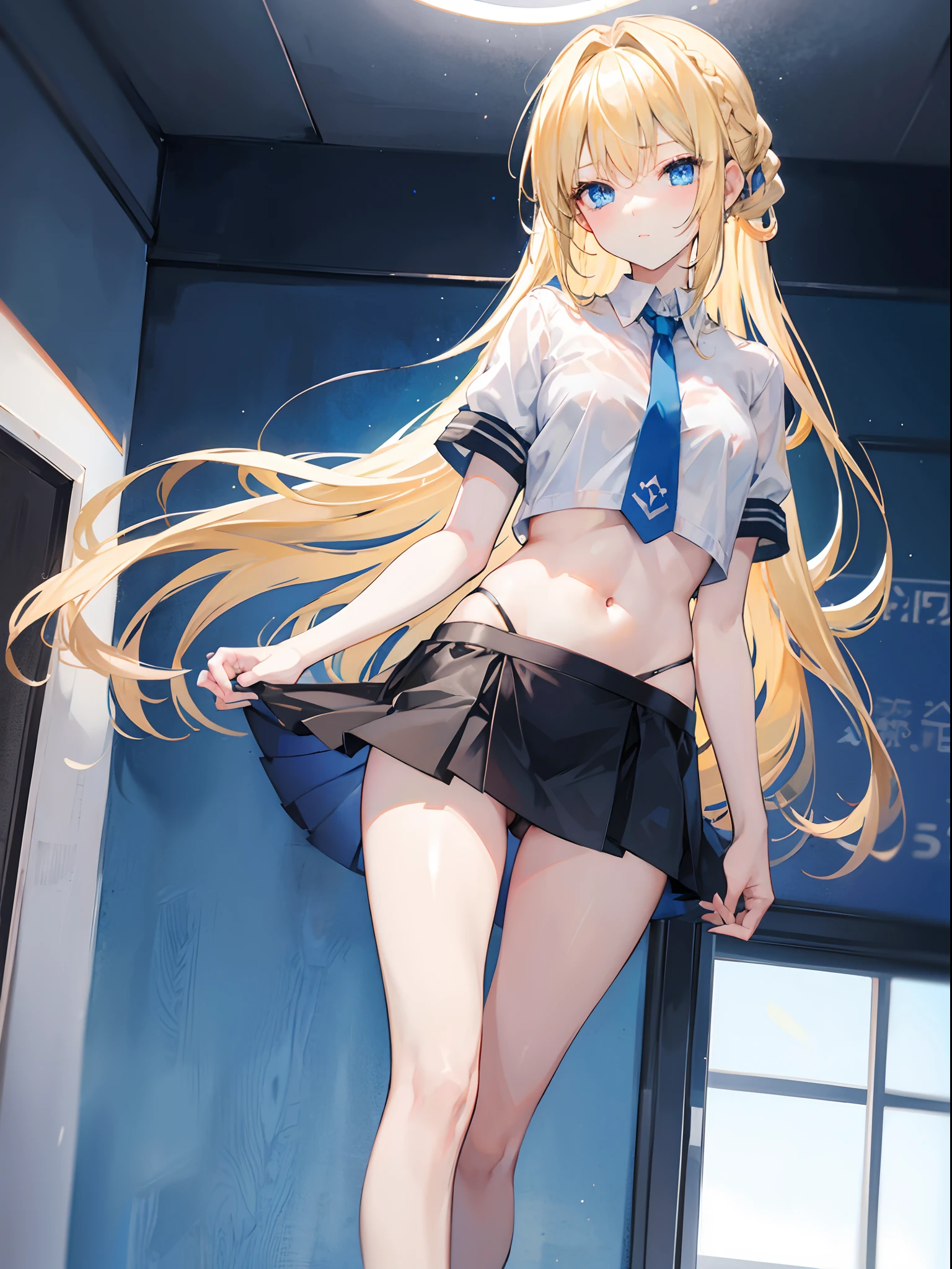 Beautiful long blonde hair, Blue Highlights, Bright blue eyes ,Show your hands...,18 year old girl,.Wear black underwear Black miniskirt.,Left Braid,Taking off my shirt.