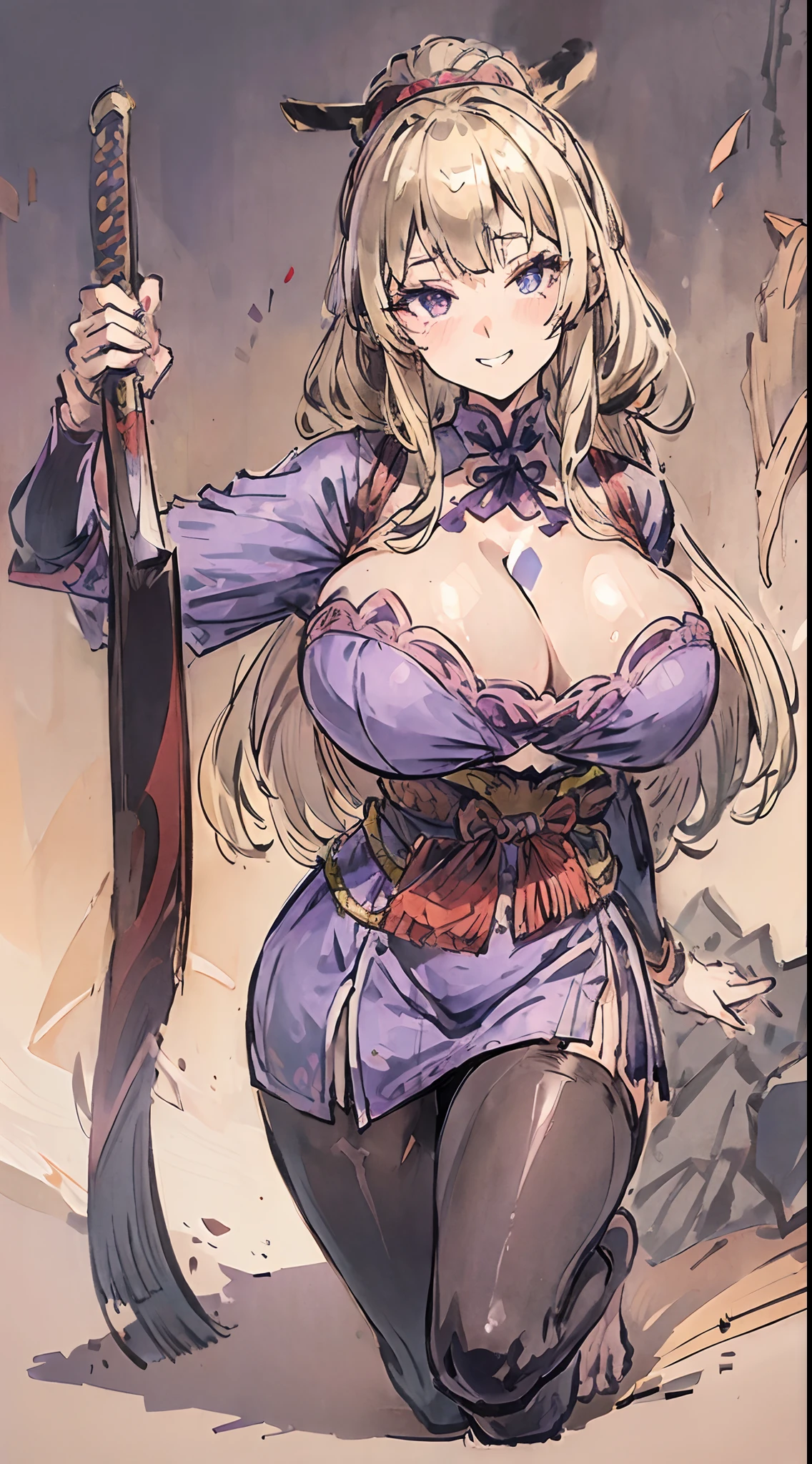 No shoes,Purple pantyhose,(gigantic cleavage breasts:1.5) solo person, Solo,Professional toes,japanese samurai armor,Blonde curls,Full body like,katana swords,grin face