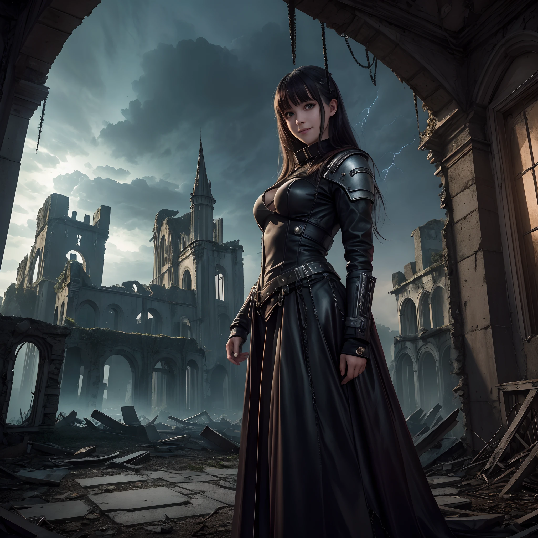 Photo, Photorealistic, Dark, Twilight, masutepiece, Super Detail, High quality, awardwinning, 8K, Horror, girl, Solo, Smile, Clothes made of metal materials, Futuristic fashion, In an abandoned castle, Remains of buildings, (Ruins), In Europe, Lightning, thunder