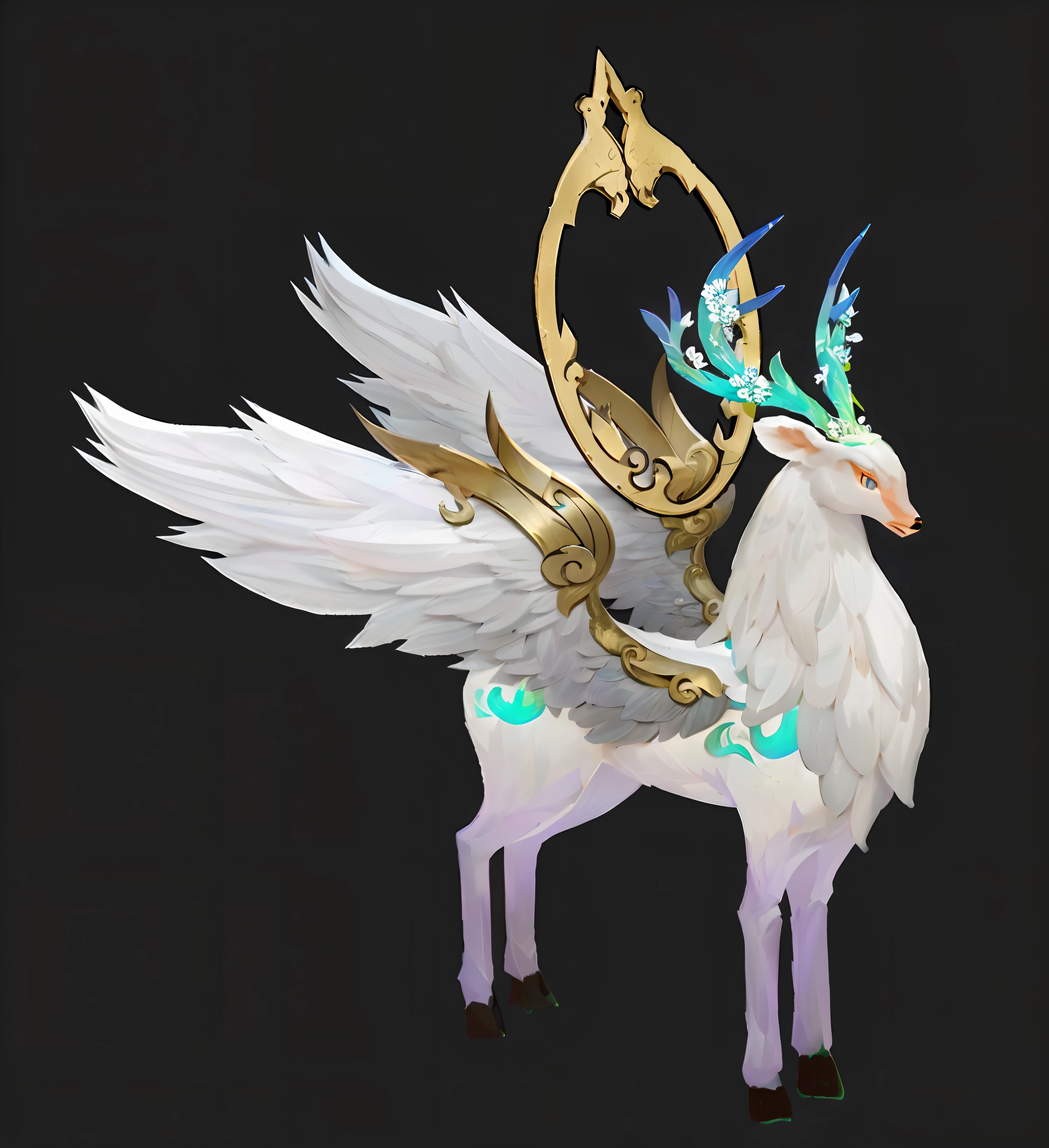 best qualtiy,8K,Works of masters,super-fine,(Simple black background)bailu,Wings,metals,Armour,White feathers,horn,deer antlers,blossoms,runic,Tattooed with,