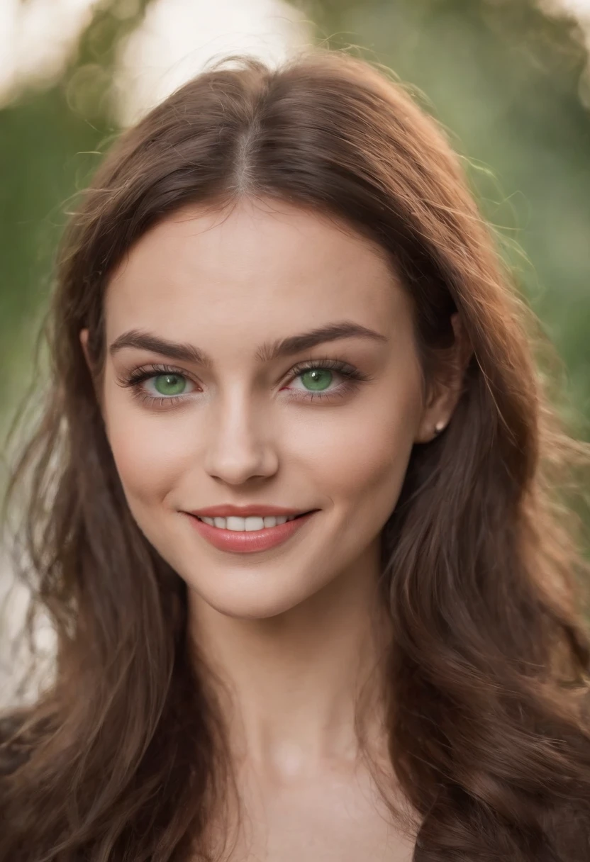 Create me a real girl super sexy brown light green eyes , taille 1m72 cm cheuveux long noir , habiller sexy avec le sourire