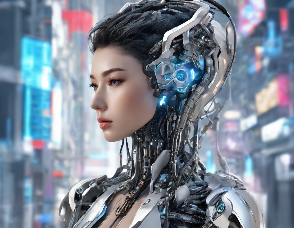 of the highest quality, masterpiece, ((Photorealistic: 1.4), RAW photo, 1 Cyberpunk young man, Glossy glossy skin, 1 mechanical young man, (Super realistic details)), Mechanical limbs, Tubes attached to mechanical parts, Mechanical vertebrae attached to the spine, mechanical cervical attachment to the neck, wires and cables connecting to head, photorealistic