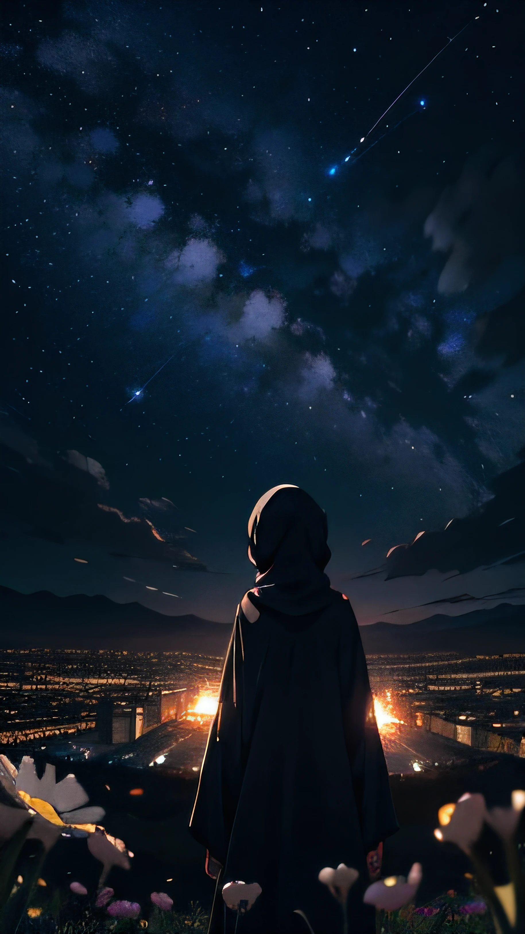 View from below with a view of the sky and street below, muslim girl standing in a field of higland flowers looking up, Sparkling lighting, Atmospheric Illumination, detailed hijab, million of stars, A shooting star visible from the position of the head flowed into the night sky.、The area is pitch dark、In the darkness、masutepiece、realisitic,