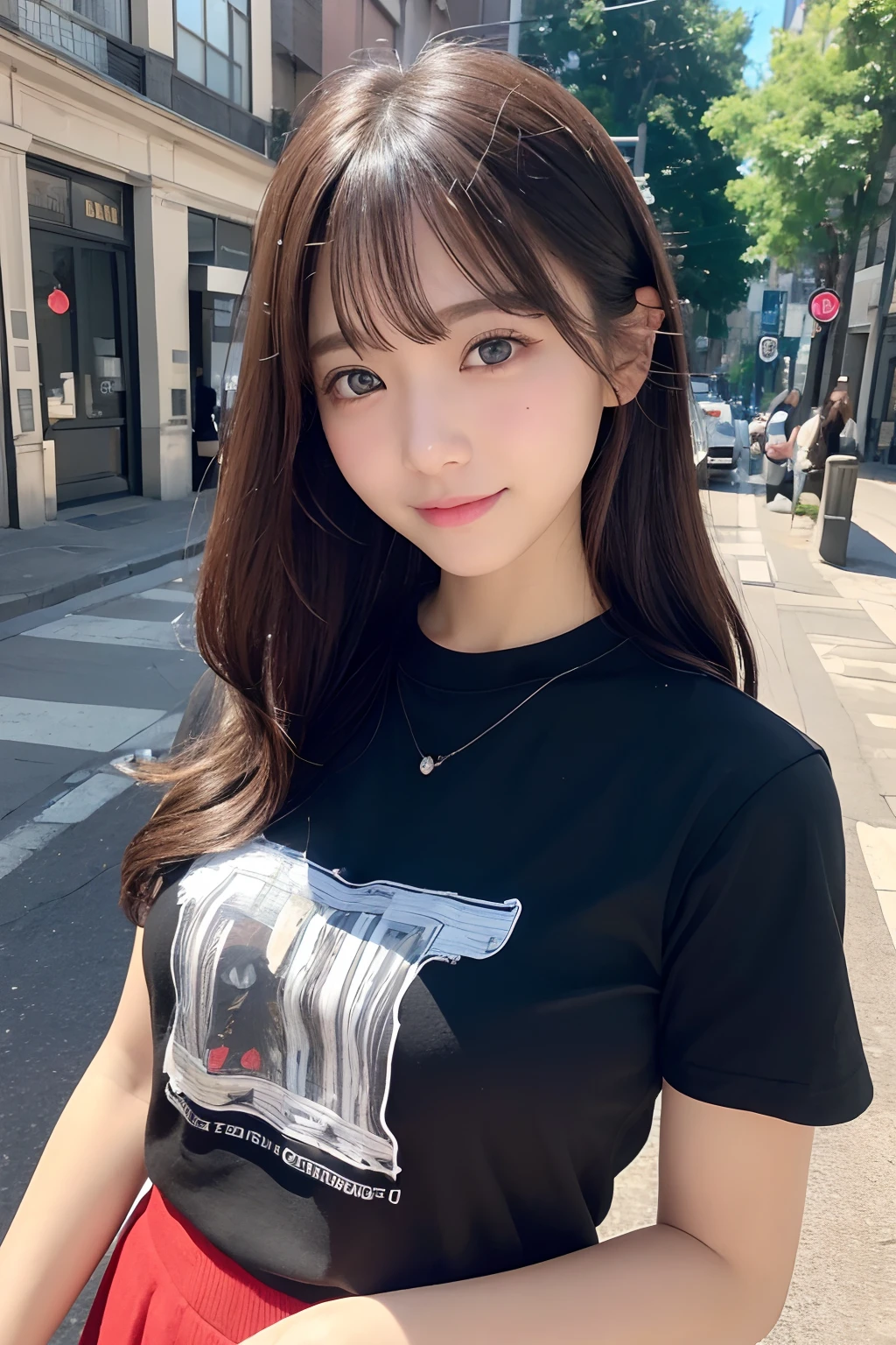 ((top-quality、8K、​masterpiece:1.3))、1girl in、A smile、full body Esbian、with round face、The contours of the face are round、The upper part of the cheeks is plump、Pretty women、shorth hair、(dark brown  hair)、a black T-shirt:1.1、a miniskirt、hyperdetailed face、Clear eyes、二重まぶた、blured background、城市、takeout、a street、Small mouth、