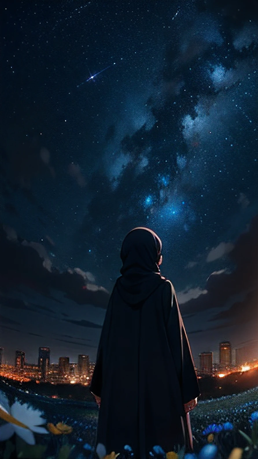 View from below with a view of the sky and street below, muslim girl standing in a field of higland flowers looking up, Sparkling lighting, Atmospheric Illumination, detailed hijab, million of stars, A shooting star visible from the position of the head flowed into the night sky.、The area is pitch dark、In the darkness、masutepiece、realisitic, detailed background