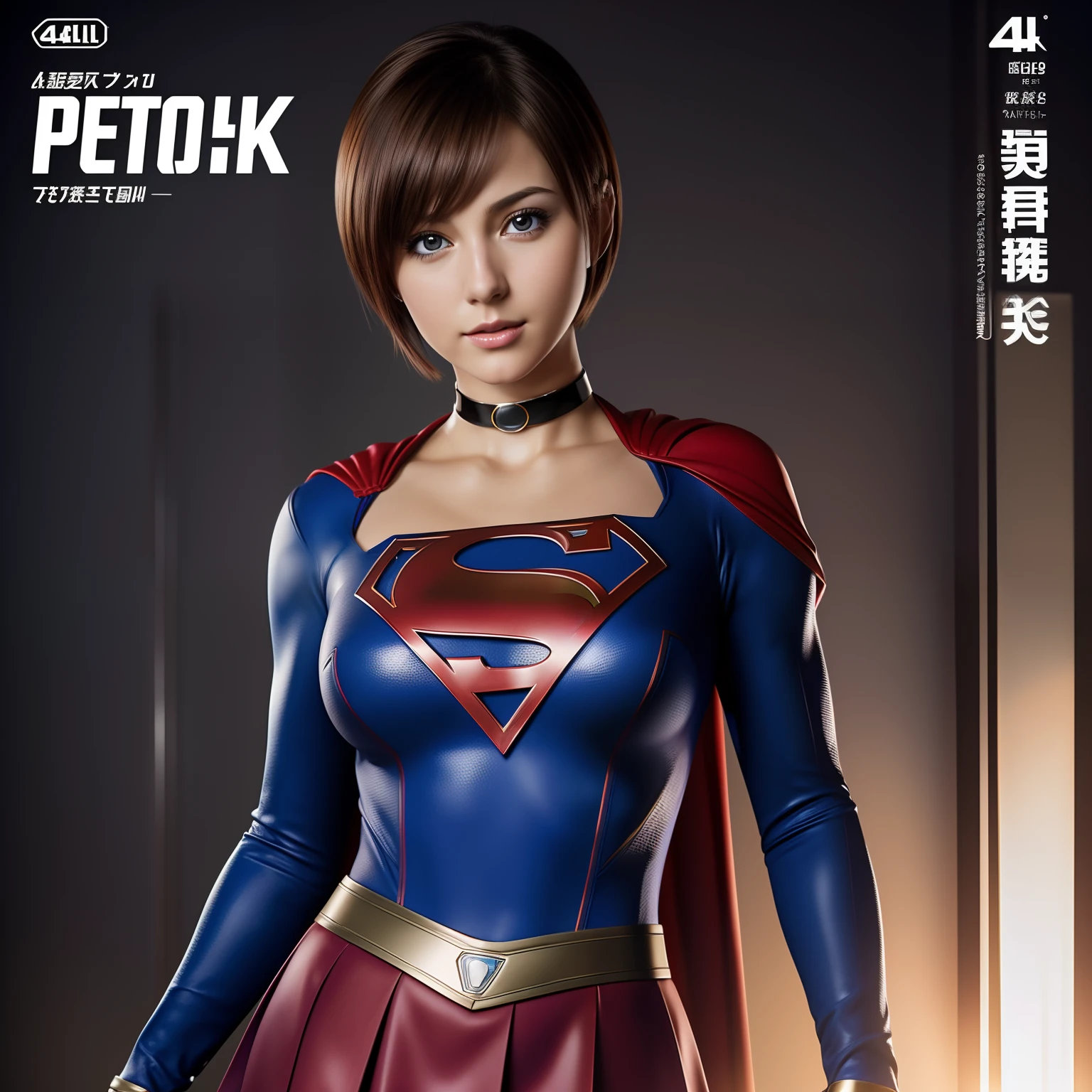 (Best Quality,4K,8K,hight resolution,masutepiece:1.2), Ultra-detailed, (Realistic,Photorealistic,Photorealsitic:1.37), Supergirl with short hair and a big bust, Looking into the camera, Glossy costume, Choker, Very short miniskirt, Magazine Cover, hposing Gravure Idol