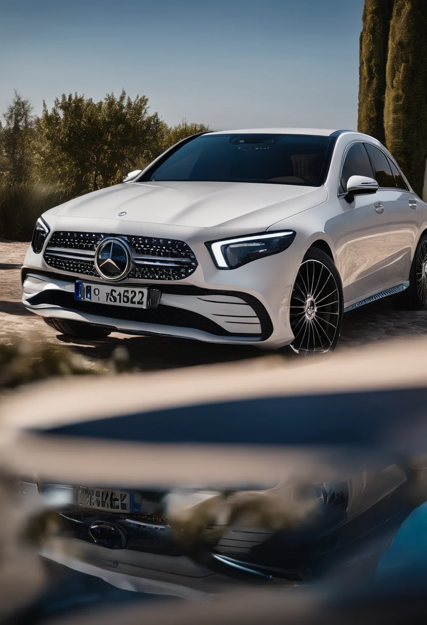 A white Mercedes sedan parked in a studio on a blue background, full view of a car, 3/4 Front view, triple white colorway, front profile, mercedez benz, Mercedes Benz, white pearlescent, white metallic, new vehicle, rendering, 2 0 2 2, 2022, front side views full, photo from 2022, frontage