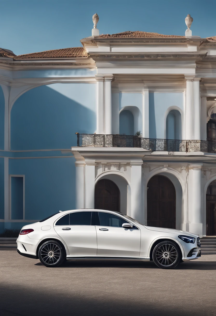 A white Mercedes sedan parked in a studio on a blue background, full view of a car, 3/4 Front view, triple white colorway, front profile, mercedez benz, Mercedes Benz, white pearlescent, white metallic, new vehicle, rendering, 2 0 2 2, 2022, front side views full, photo from 2022, frontage