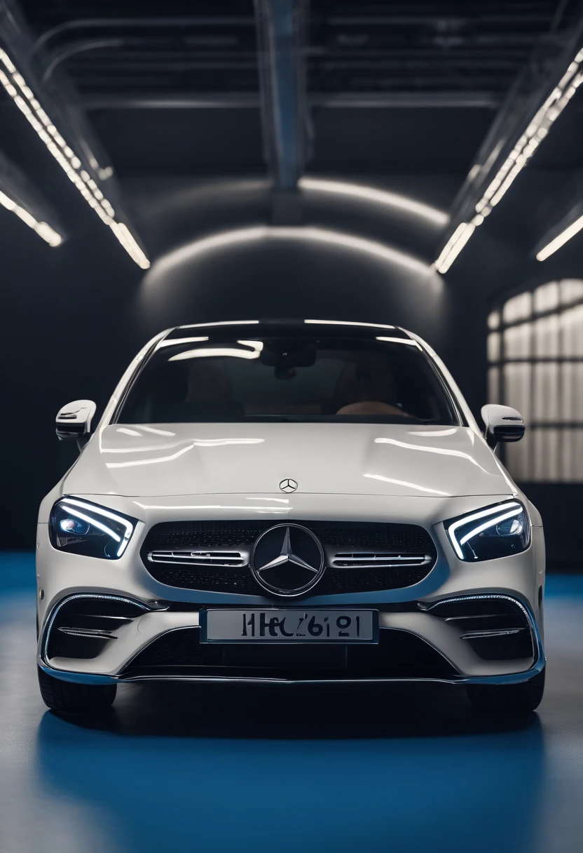 A white Mercedes sedan parked in a studio on a blue background, full view of a car, 3/4 Front view, triple white colorway, front profile, mercedez benz, Mercedes Benz, white pearlescent, white metallic, new vehicle, rendering, 2 0 2 2, 2022, front side views full, photo from 2022, frontage