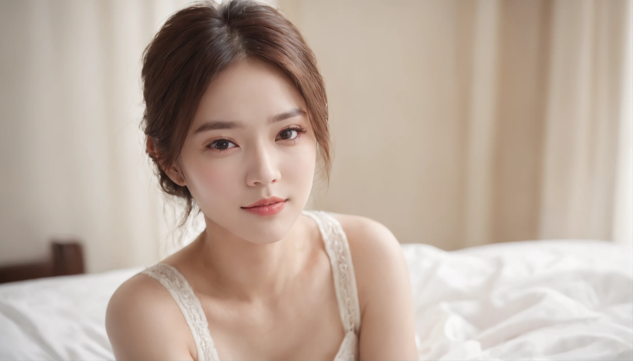 ((masterpiece, best quality)),((1girl)), portrait, korean model beautiful, korean model sexy, pale skin, verry detailed face, very detailed body, looking at the viewer, gentle smile, sharp eyes, good lighting, white tanktop, short jeans, sitting in the bed near big windows