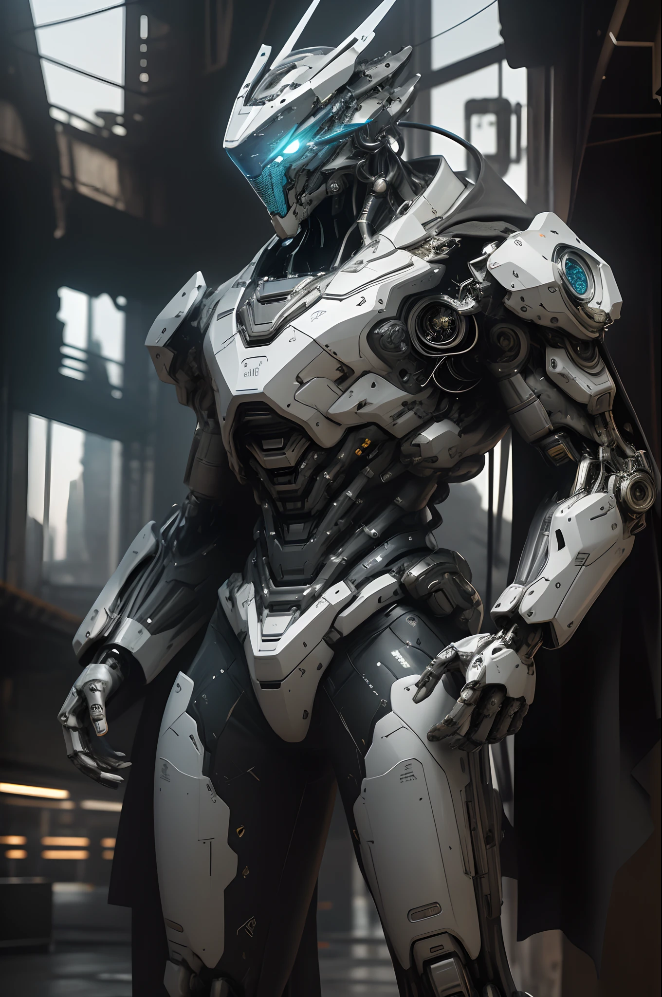 masterpiece, best quality, ultra-detailed, (ultra-realistic:1.3), landscape, sci-fi, transistorpunk, cyberpunk, biopunk, full face blue robotic visor,rim lighting,neon lighting, ray tracing,(metallic, aluminum,white), mega scale male robot fullbody zoom, intricate mechanical body parts, advanced civilization, fighting pose stance, dynamic angle, (gray, white, red),flawless, 8k, RAW, highres,absurdres,