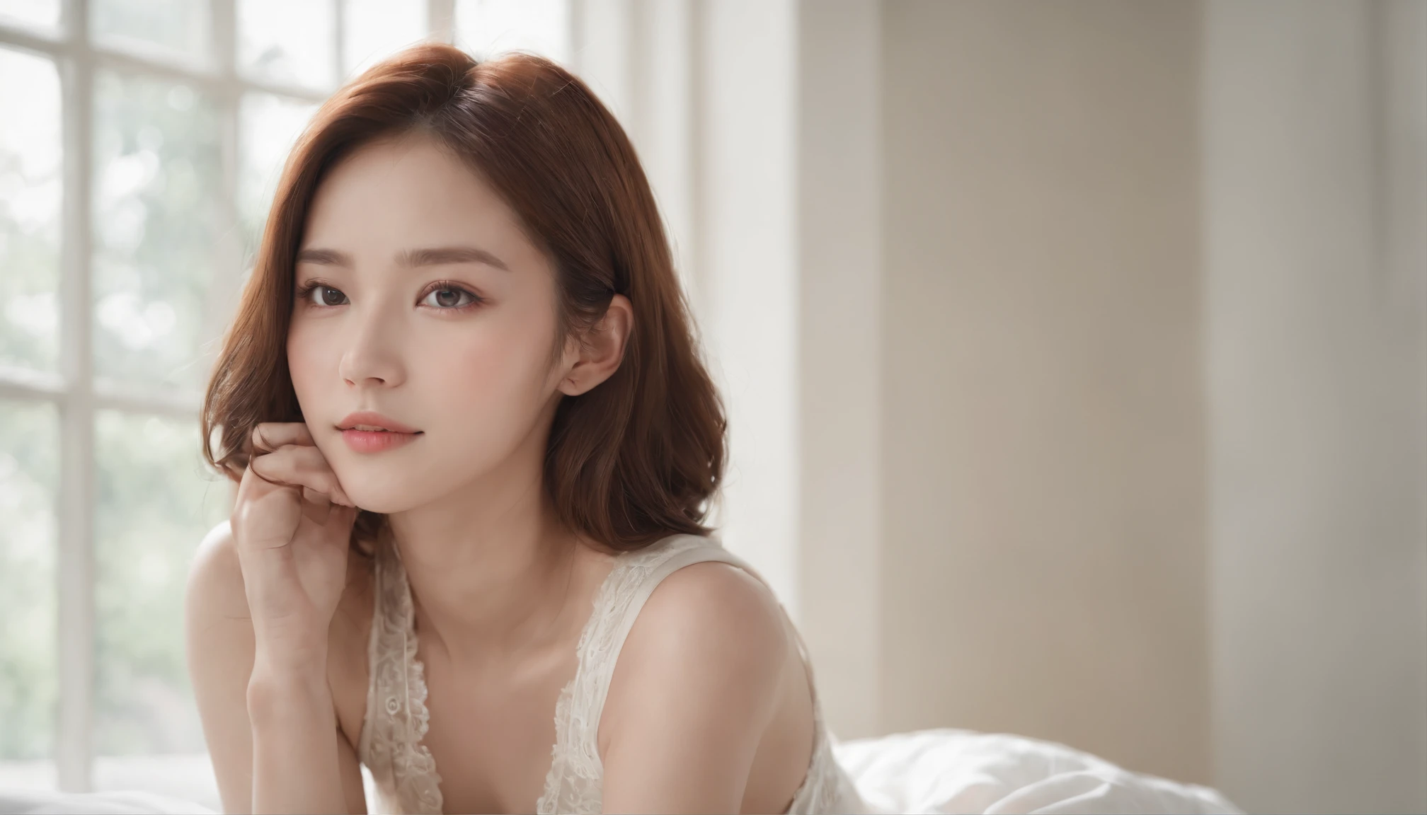 ((masterpiece, best quality)),((1girl)), portrait, korean model beautiful, korean model sexy, pale skin, verry detailed face, very detailed body, looking at the viewer, gentle smile, sharp eyes, good lighting, white tanktop, short jeans, sitting in the bed near big windows