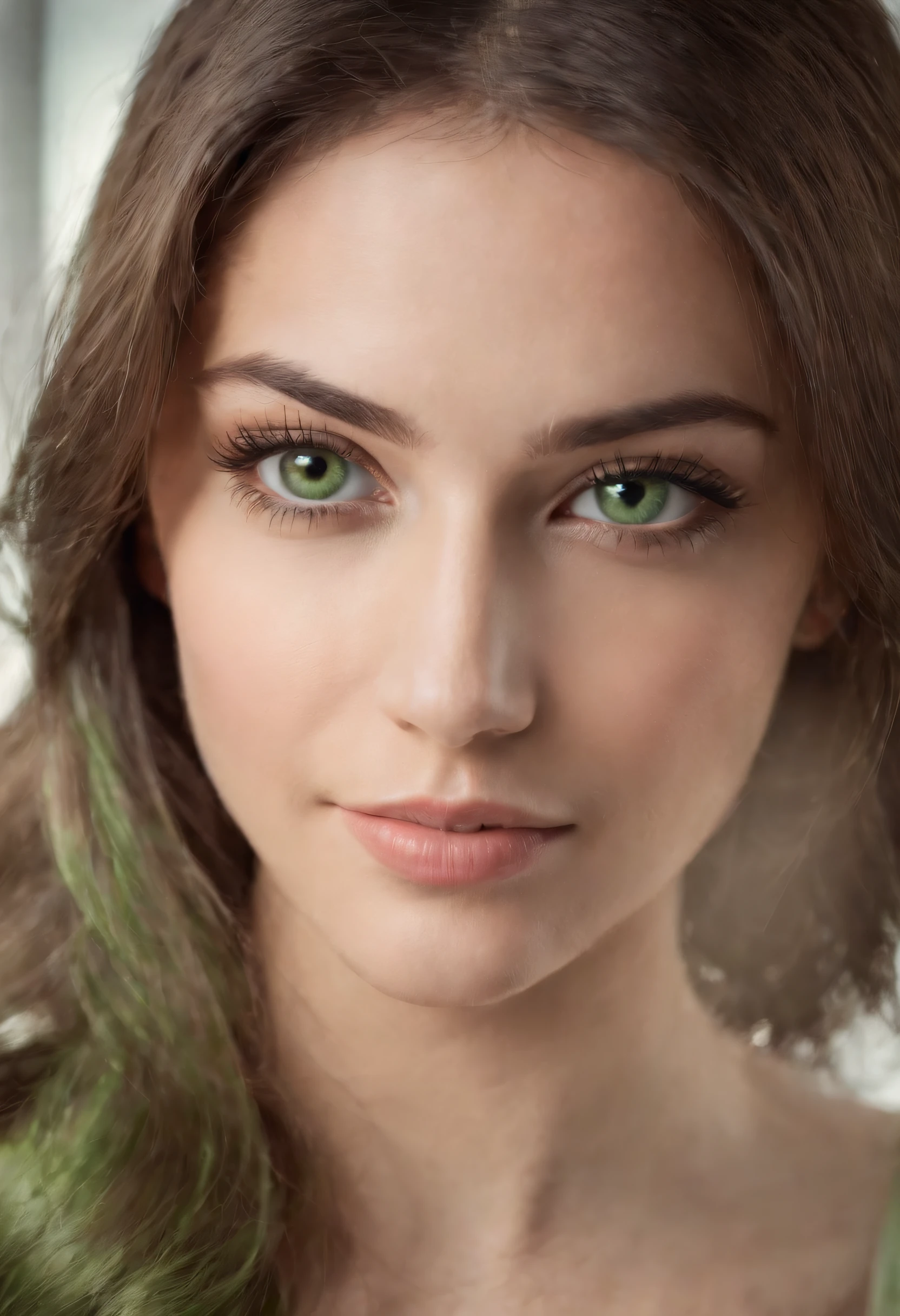 Create me a real girl super sexy brown light green eyes , taille 1m72 cm cheuveux long noir , habiller sexy avec le sourire
