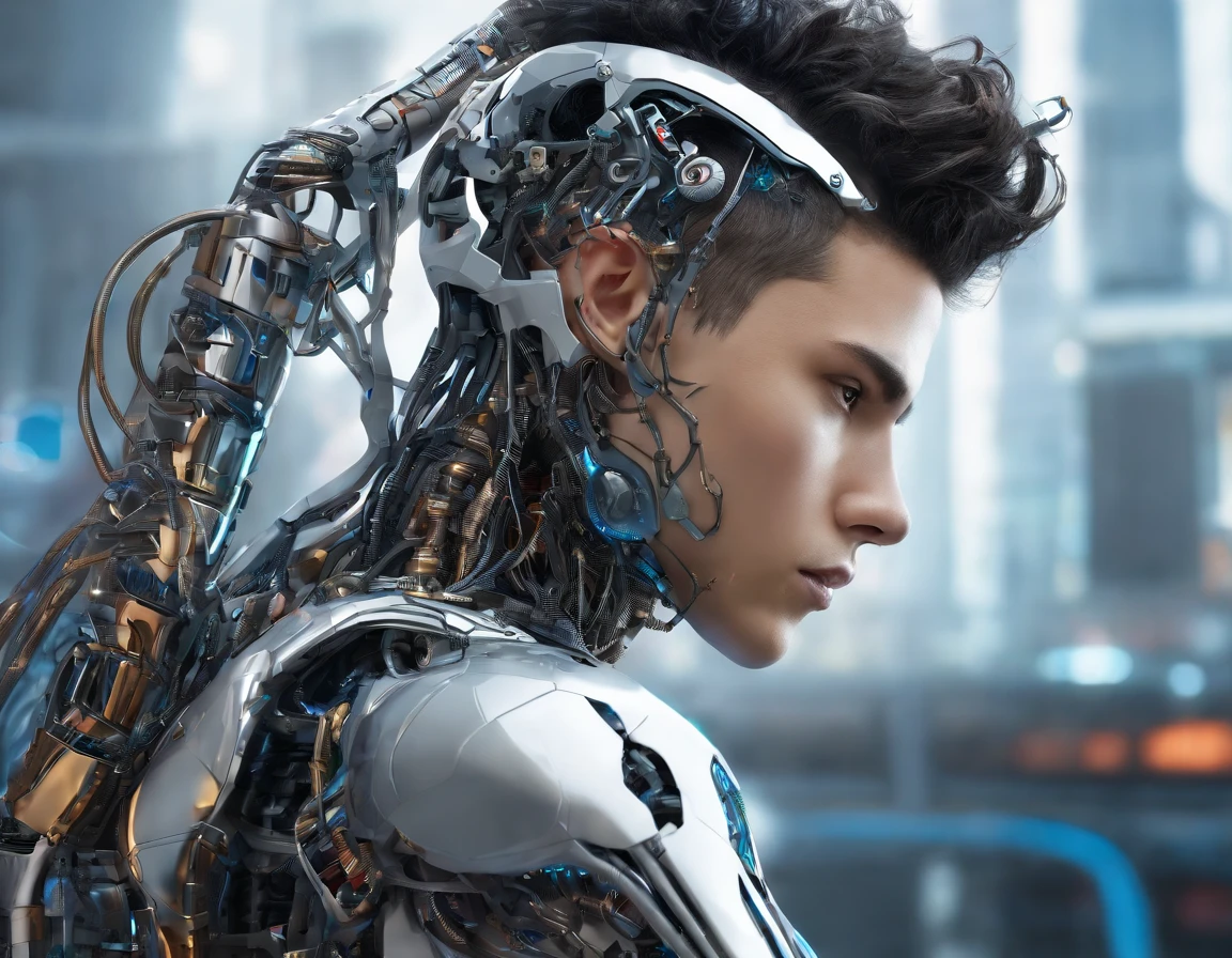 of the highest quality, masterpiece, ((Photorealistic: 1.4), RAW photo, 1 Cyberpunk young man playing basketball ,Glossy glossy skin, 1 mechanical young man, (Super realistic details)), Mechanical limbs, Tubes attached to mechanical parts, Mechanical vertebrae attached to the spine, mechanical cervical attachment to the neck, wires and cables connecting to head, photorealistic
