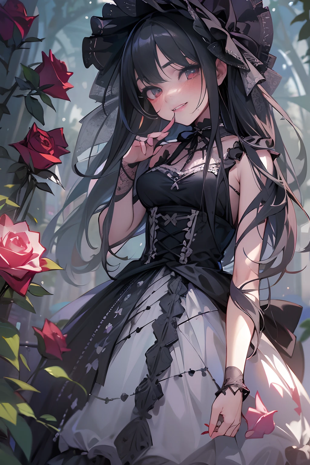 ((Masterpiece)), (High Definition:1.3), best quality, (Professional Photography, photorealistic:1.2), from below, 8K, wide shot, Textured skin, cinematic lighting, 1girl, ((bloody, Beautiful Gothic Lolita Dresses, very hoop-dress, Luxury evil embroidery)), cute innocent teenage young girl, Slender and flat breasts, ((long silky black hair, blush, very gothic horror makeup(super detail), beautiful hair)), smile, neat and clean, ((bloody)), Light particles, walk in beautiful horror garden, (black roses garden)