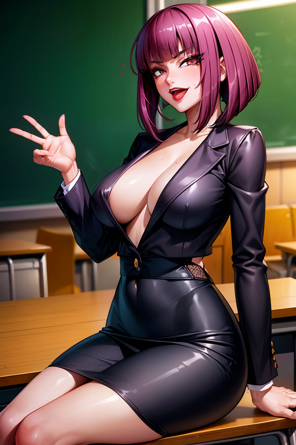 1girl,Oboro, mature female,purple hair, short hair, bangs, eyeshadow, low ponytail, lipstick, makeup, detailed face, red eyes,large breasts, black jacket, white shirt, teacher,suit skirt,office,licking lips,open mouth ,smile, sitting,on table,