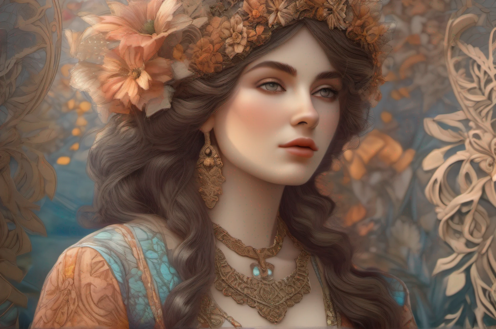 Ethereal, bohemean woman, intricate details, detailed illustration. octane render, William Morris style, trending on art scene. Professional photography. HDR, UHD 32k. --AR 16:9, --v 5.2