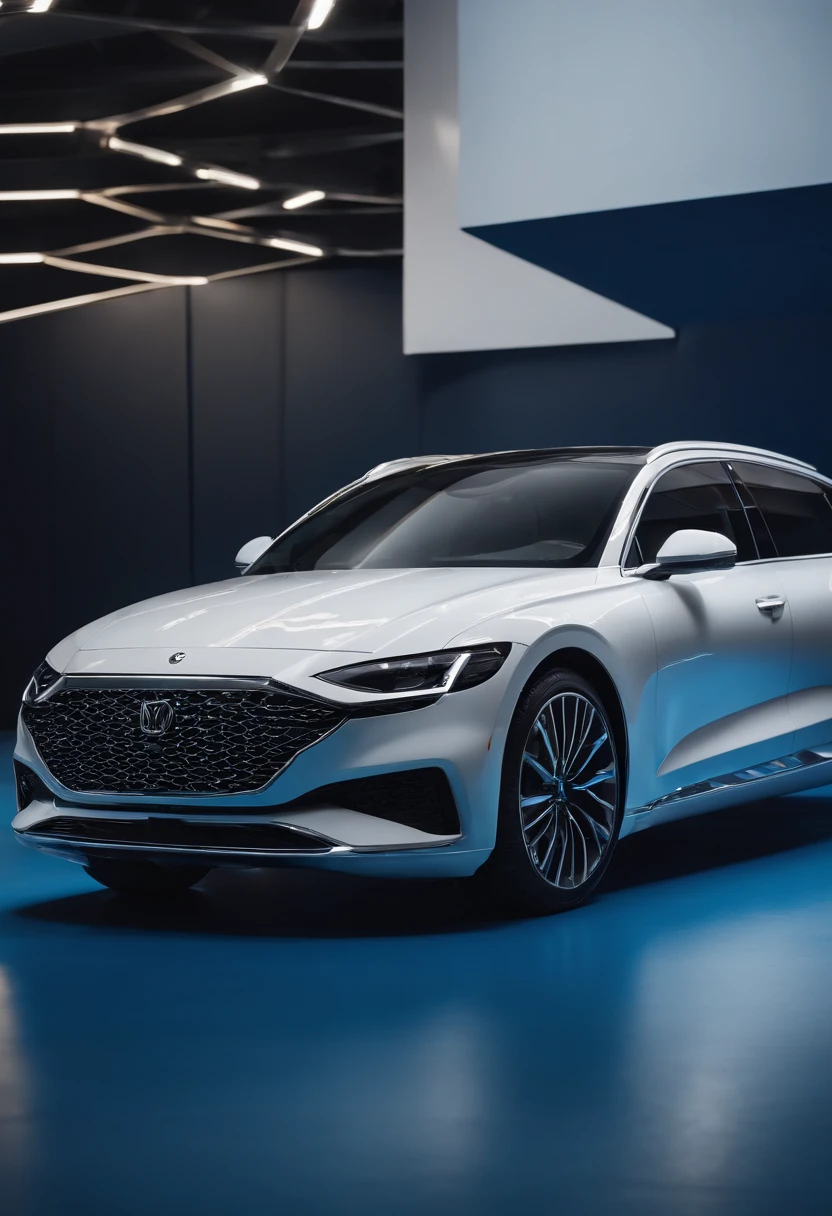 A white sedan is parked in a studio on a blue background, full view of a car, 3/4 Front view, triple white colorway, front profile,, white pearlescent, white metallic, new vehicle, rendering, 2 0 2 2, 2022, front side views full, photo from 2022, frontage