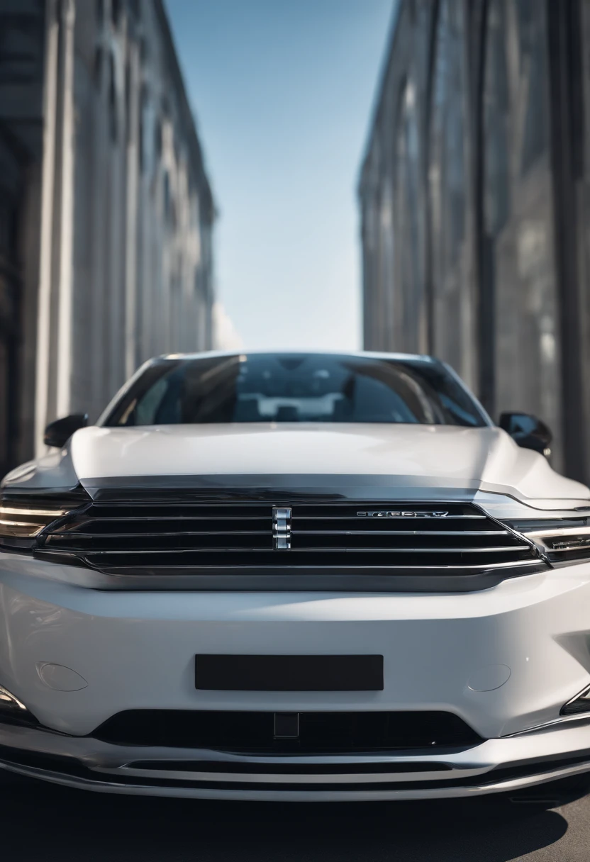 A white sedan is parked in a studio on a blue background, full view of a car, 3/4 Front view, triple white colorway, front profile,, white pearlescent, white metallic, new vehicle, rendering, 2 0 2 2, 2022, front side views full, photo from 2022, frontage