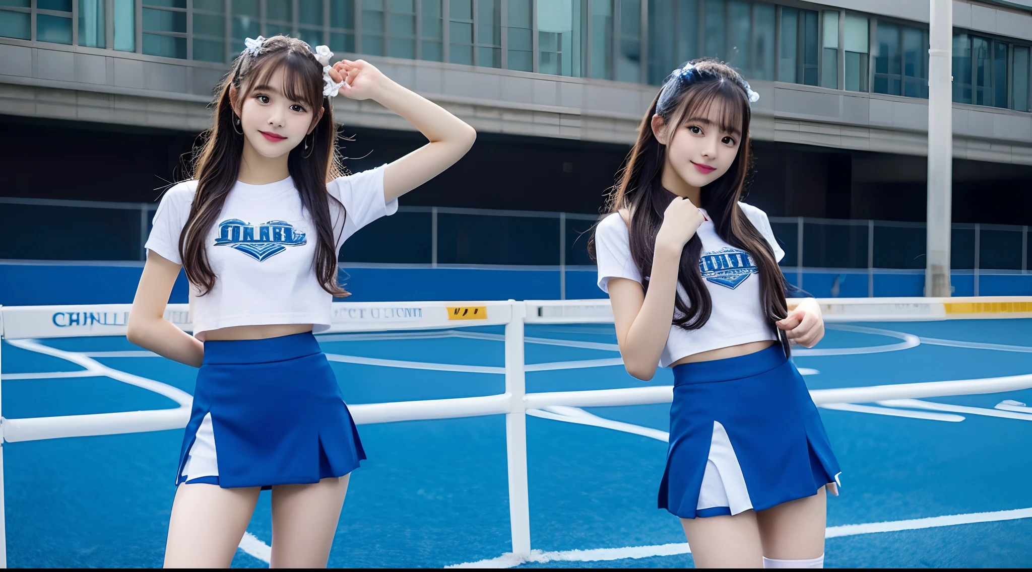 18-year-old cheergirl in light blue mini skirt