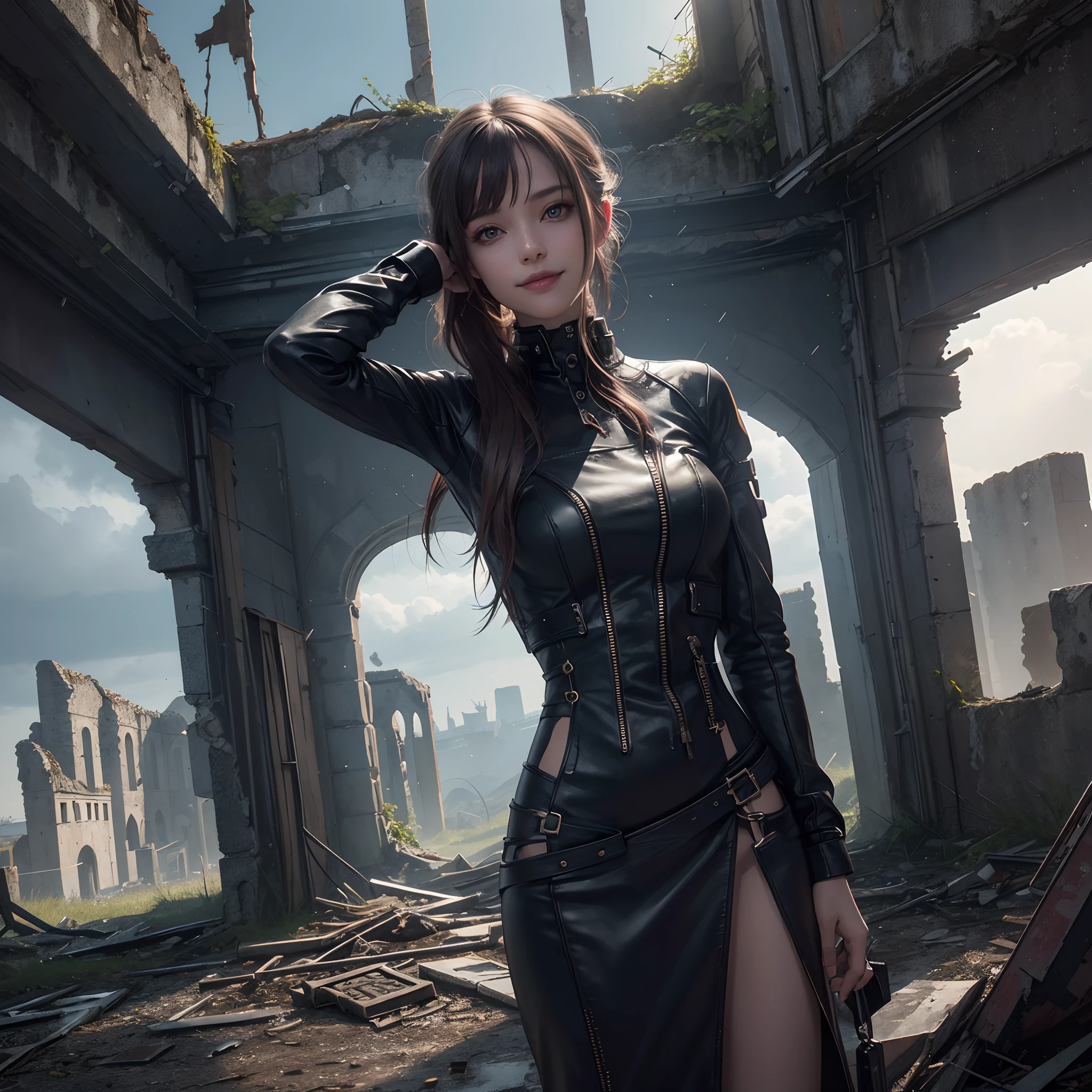 Photo, Photorealistic, Dark, Twilight, masutepiece, Super Detail, High quality, awardwinning, 8K, Horror, girl, Solo, Smile, Clothing made of metal material, Futuristic fashion, In an abandoned castle, Remains of buildings, (Ruins), In Europe, Lightning, thunder