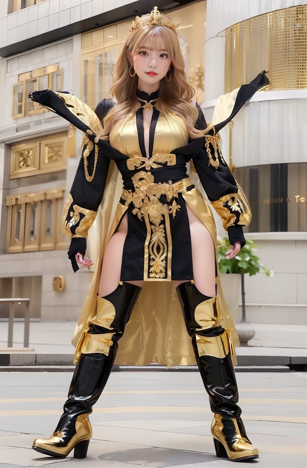 Woman in gold and black mini dress、large full breasts、beautiful foot、Blonde wavy hair、Gold Tops、Good Style、gold boots、gorgeous tiara