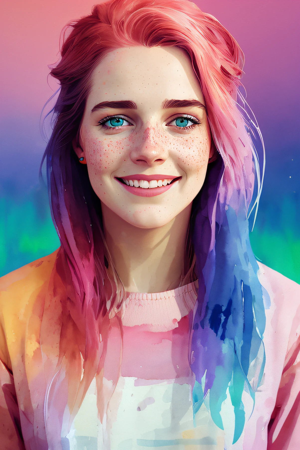 portrait of beautiful smiling woman with some freckles, snow-covered mountain landscape background by ilya kuvshinov and annie leibowitz. synthwave watercolor painting on canvas trending in artstation dramatic lighting abstract expressionism pastel shades tones (hd) golden ratio details aesthetic octane render excellent composition natural textures 8k oil paining masterpiece canon eos r4s 50