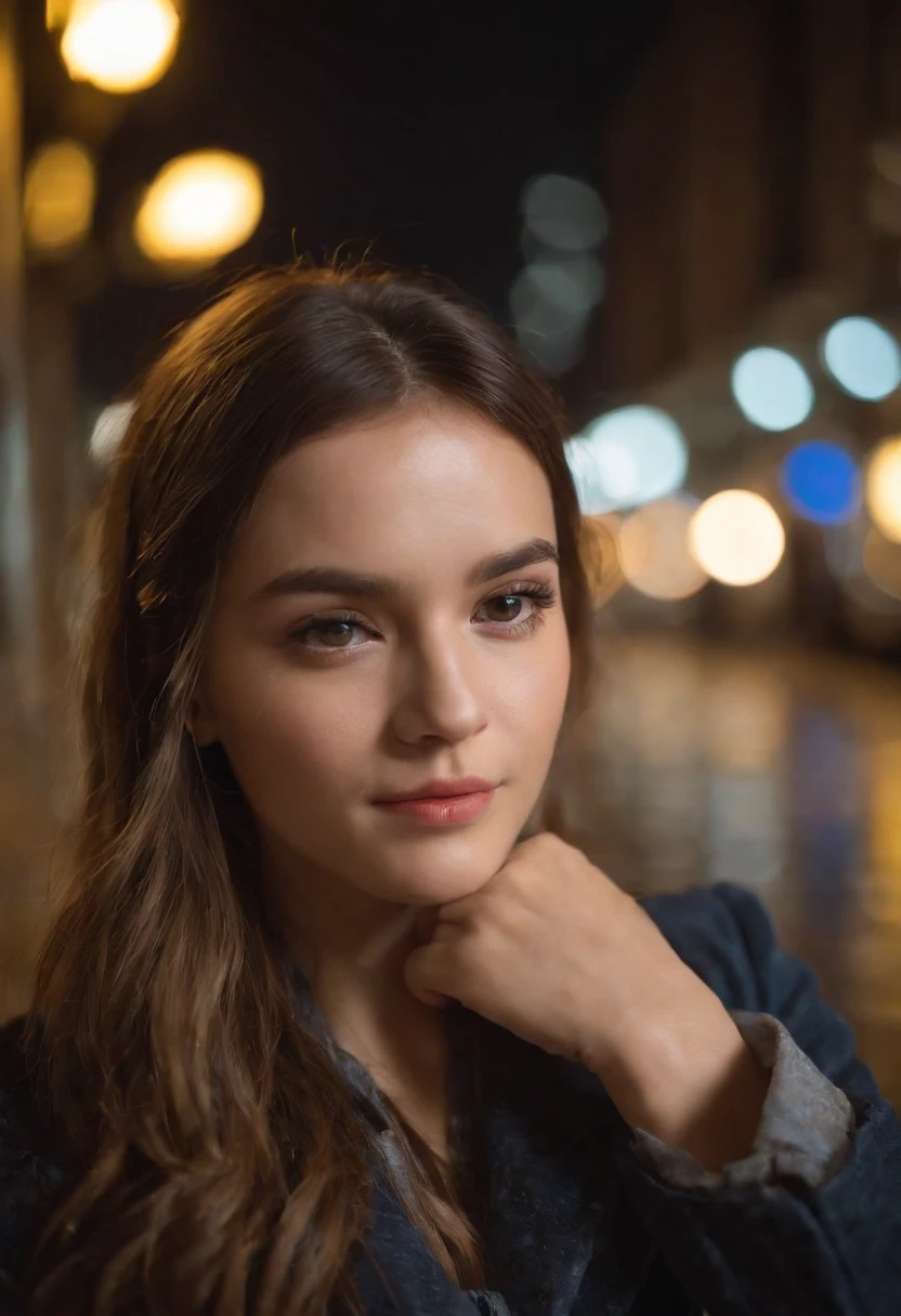 Girl on a rainy night,Front lens,Street background (Close-up Shot Shot:1.6),best qualtiy,f / 1 HD photography T bokeh,Depth of field Macro The atmosphere is sad
