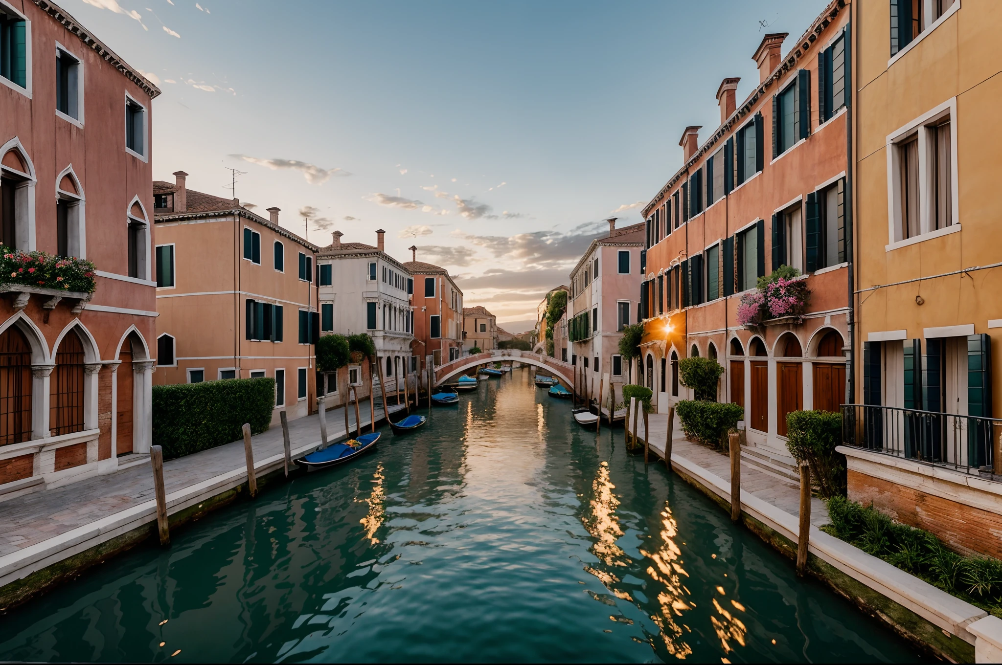 a serene sunset on Venice canals,medium:oil painting,peaceful gondolas gliding through the water,beautifully intricate architecture,romantic atmosphere,vivid colors,soft golden light reflecting off the water,calm and tranquil scenery,long shadows of the bridges,glimmering ripples,hidden alleyways and charming bridges,authentic Venetian masks,historic palaces and buildings,whispering sounds of water lapping against the stone,gentle breeze carrying the scent of saltwater and fresh flowers,romantic couples strolling hand in hand,captivating reflections in the water,heavenly beauty that enchants the soul,classic and timeless scene,impeccable attention to detail,meticulous brushstrokes and vibrant palette,impressive perspective and depth,masterpiece:1.2,ultra-detailed,realistic:1.37,vintage aesthetics with a touch of contemporary elements,stunning visual storytelling,long exposure photography effect,subtle color grading and warm tones,playful contrast between light and shadow,ethereal and dreamlike ambiance,enchanting and captivating