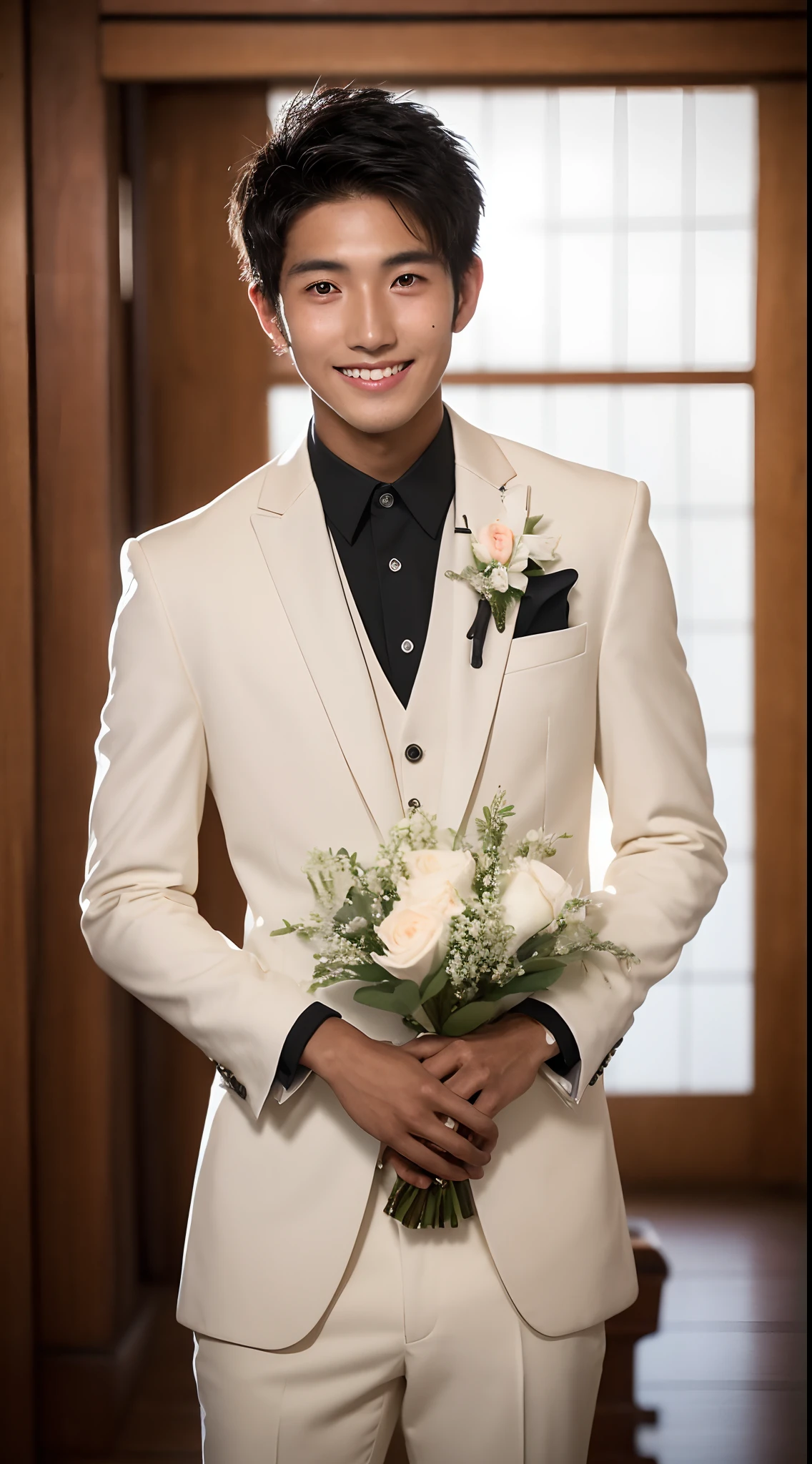 4K、top-quality、masutepiece、 (Japan Male,18 years old)、a handsome、((Tanned black skin 1.6))、bridegroom、wedding hall、Looking at the camera、a smile