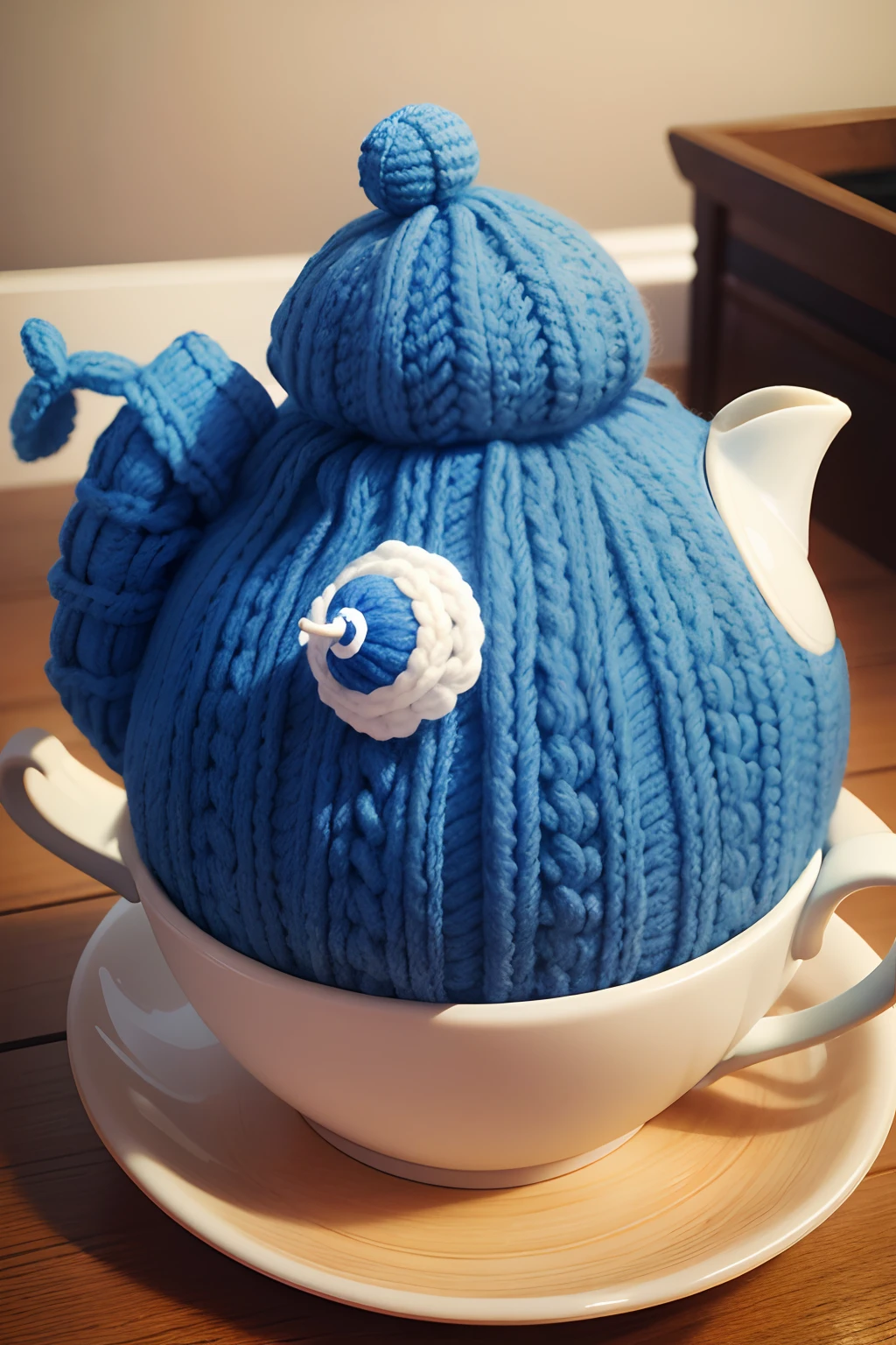 Knitted blue snail tea cosy with frilled bottom. tall eyes,Washable fit