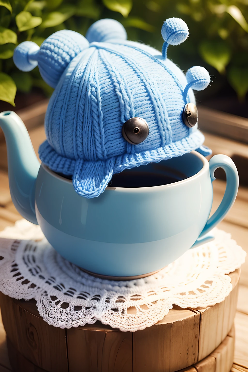 Knitted blue snail tea cosy with frilled bottom. tall eyes,Washable fit
