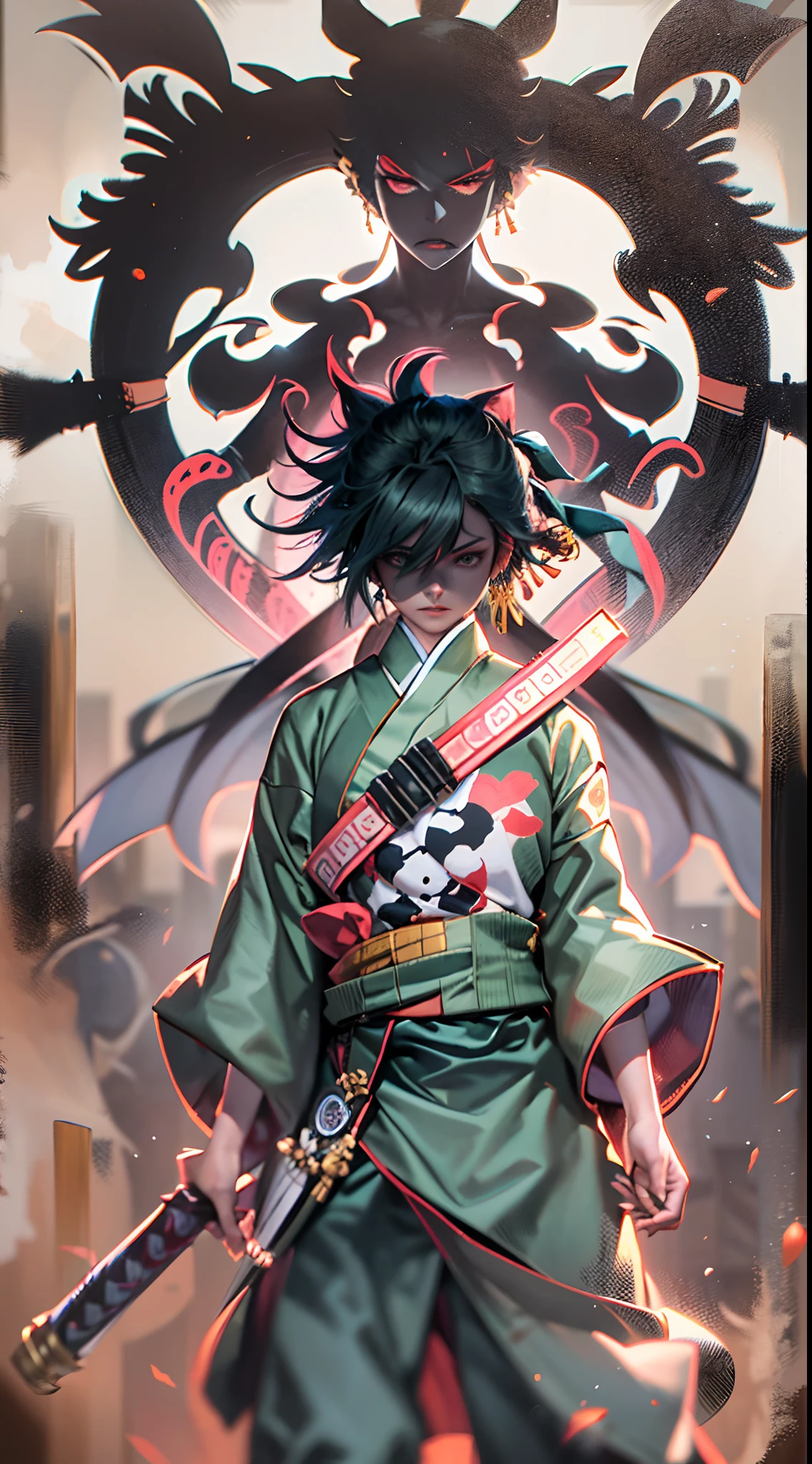 Personaje de anime con cabello verde con cicatriz en el ojo izquierdo, con 3 espadas legendarias(3 espadas)(desenfundar),kimono,japones,espadas legendarias japonesas,3 pendientes de oro,( Roronoa Zoro), de una sola pieza, Ilustraciones HD, Chico guapo en el arte de Demon Slayer, Badass Anime 8K, Arte de Kentaro Miura, Okab Rintarou, Pixiv, advanced digital anime art ”, Fanart de alta calidad, Fan Art, por Shitao, Kakyoin