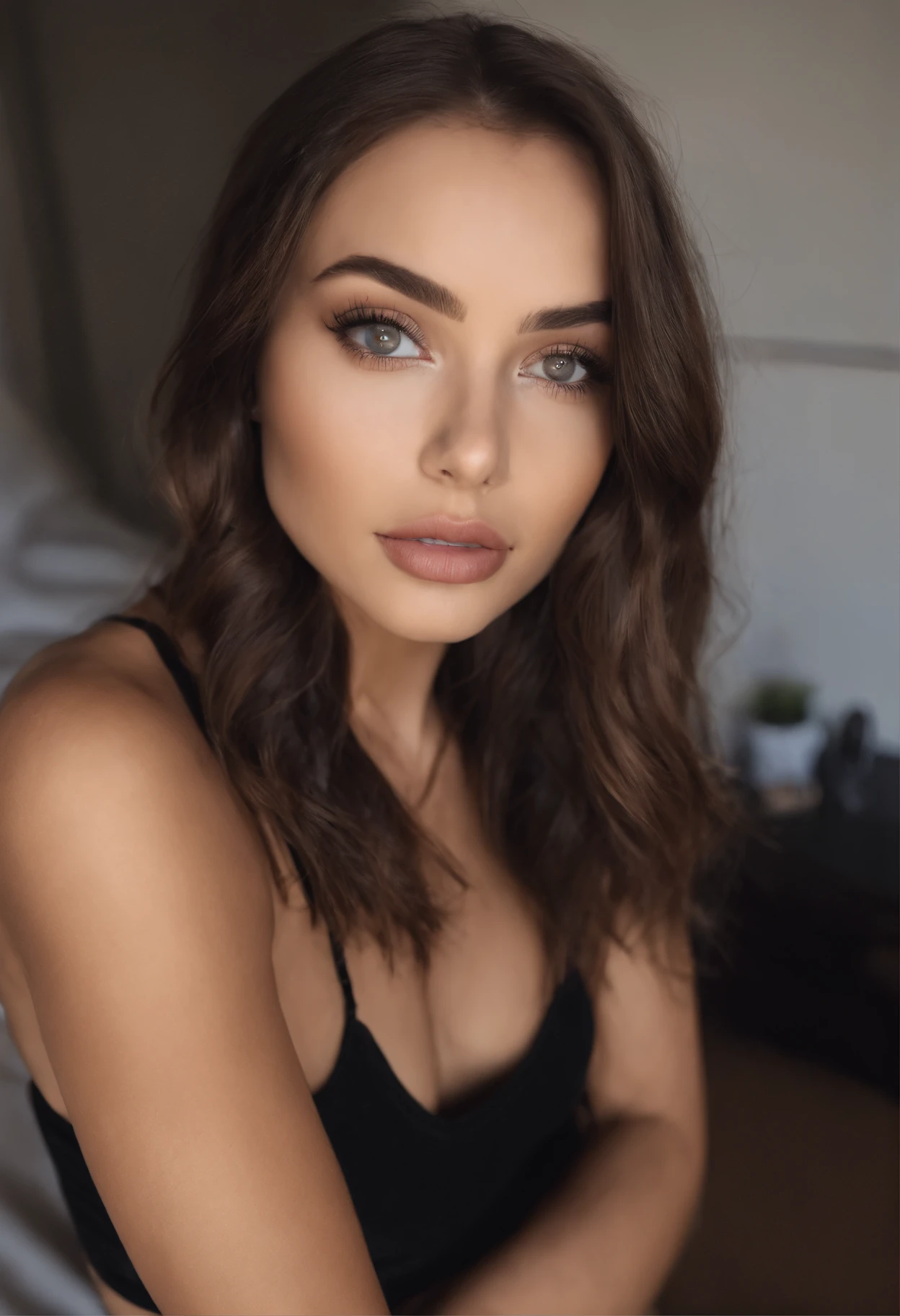 arafed woman with black sexy atractive  clothes, sexy girl with brown eyes, portrait sophie mudd, black hair and large eyes, selfie of a young woman, bedroom eyes, violet myers, without makeup, natural makeup, looking directly at the camera, face with artgram, subtle makeup, stunning full body shot, in a roof , cleavage