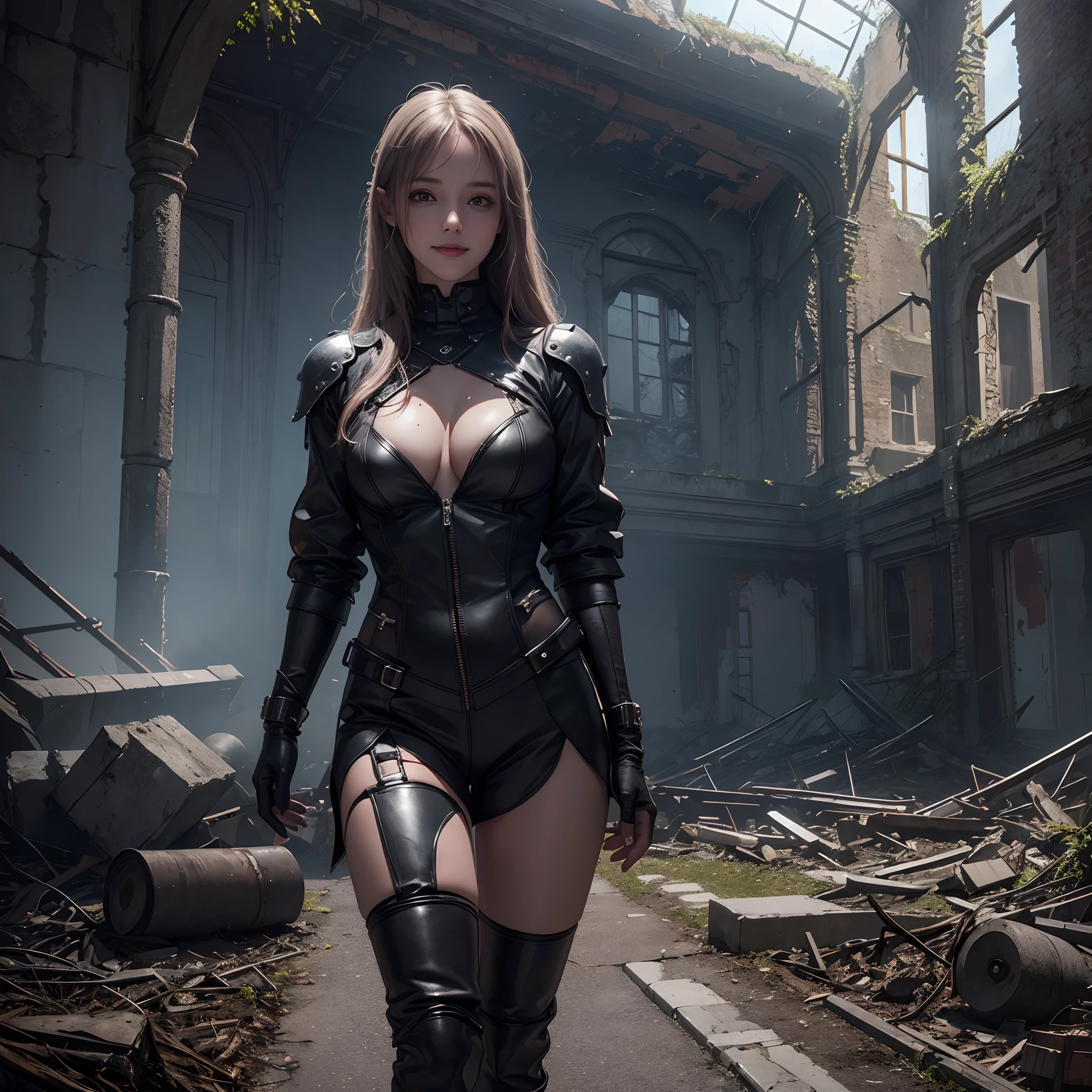 Photo, Photorealistic, Dark, Twilight, masutepiece, Super Detail, High quality, awardwinning, 8K, Horror, girl, Solo, Smile, Clothing made of metal material, Futuristic fashion, In an abandoned castle, Remains of buildings, (Ruins), In Europe, Lightning, thunder