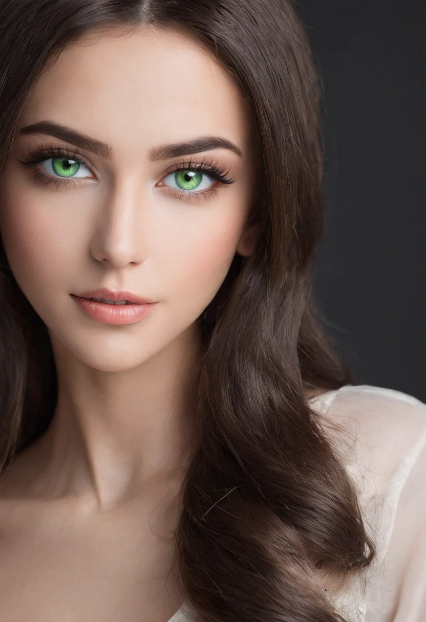 Create me a real super sexy brunette girl with an Arabic beauty light green eyes , taille 1m72 cm cheuveux long noir