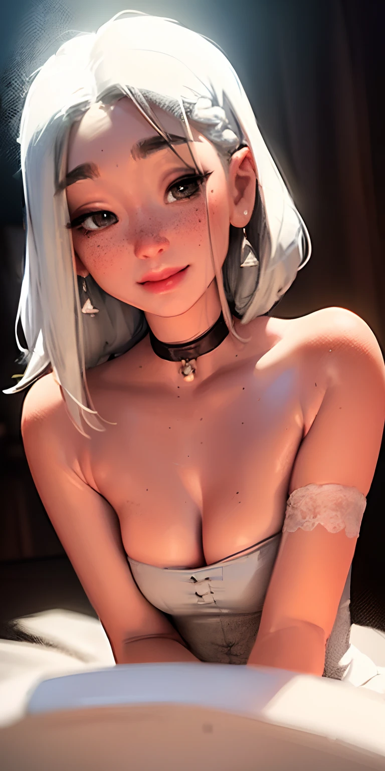sam yang, 1girl, Backlighting, bare shoulders, black choker, blurry, blurred background, blusher, pectorals, Choker, cleavage, closed mouth, 鎖骨, earings, forehead, freckles, hair over shoulder, Jewelry, hairlong, looking a viewer,pointy nose, red-lips, ombre, 独奏, thick eyebrows, Thick eyelashes, upper-body, white colored hair, ((Masterpiece)) , Smiling