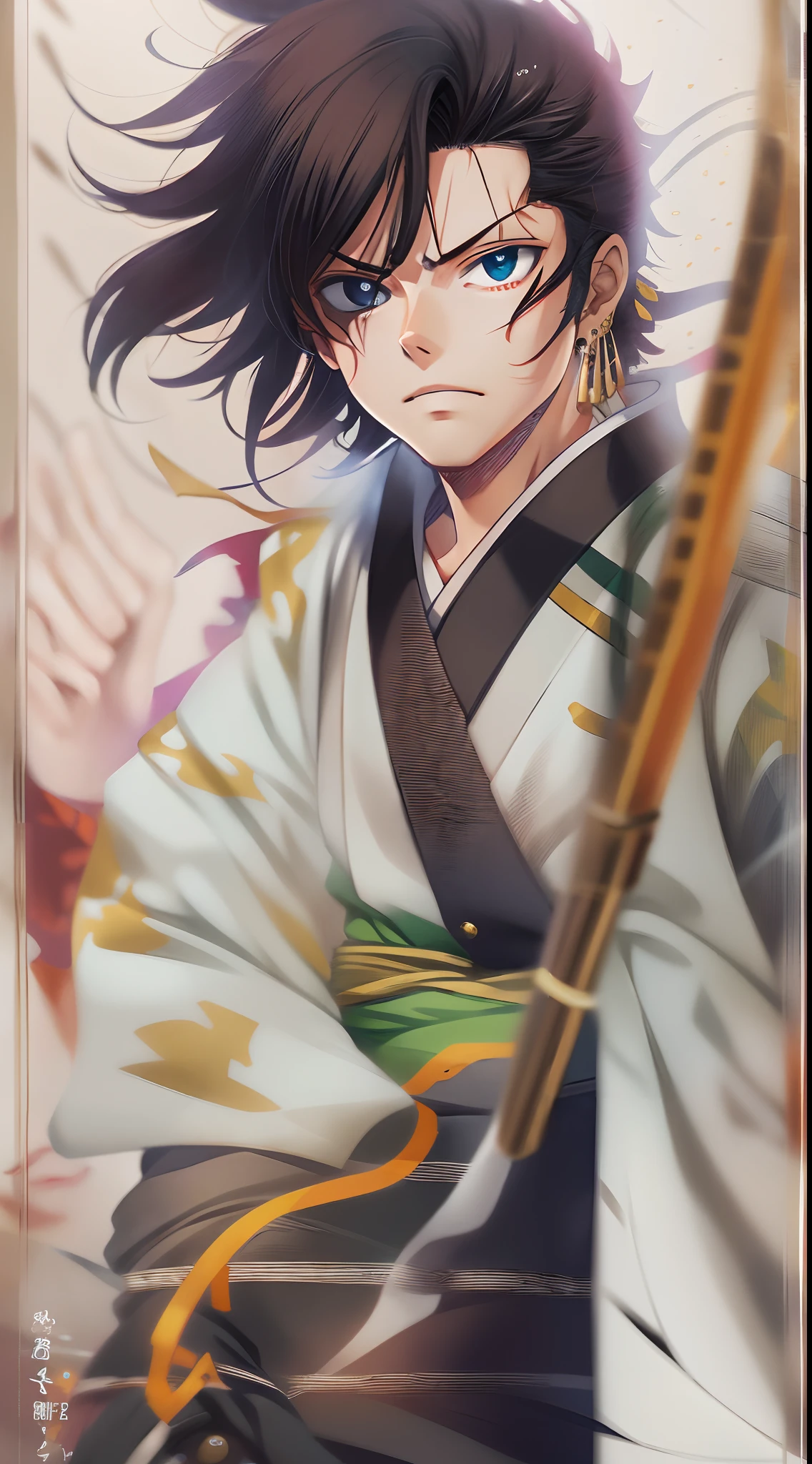 Personaje de anime con cabello verde con cicatriz en el ojo izquierdo, con 3 espadas legendarias(3 espadas)(desenfundar),kimono,japones,espadas legendarias japonesas,3 pendientes de oro,( Roronoa Zoro), de una sola pieza, Ilustraciones HD, Chico guapo en el arte de Demon Slayer, Badass Anime 8K, Arte de Kentaro Miura, Okab Rintarou, Pixiv, advanced digital anime art ”, Fanart de alta calidad, Fan Art, por Shitao, Kakyoin